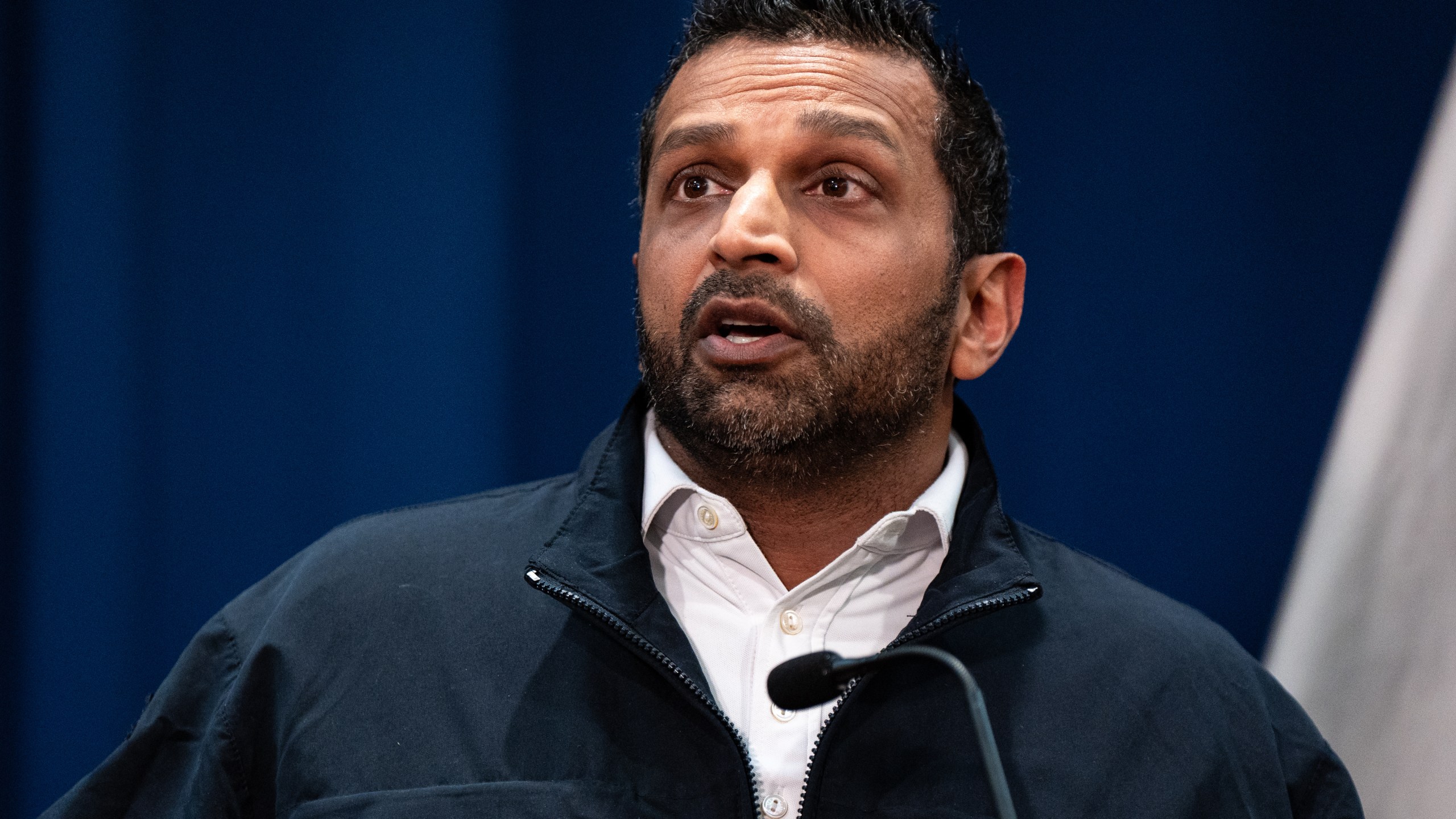 FBI director Kash Patel speaks at a press conference announcing the arrests of Portland Trail Blazers head coach Chauncey Billups and Miami Heat guard Terry Rozier in connection with a federal investigation into sports betting and illegal gambling, Thursday, Oct. 23, 2025, in New York. (AP Photo/Angelina Katsanis)