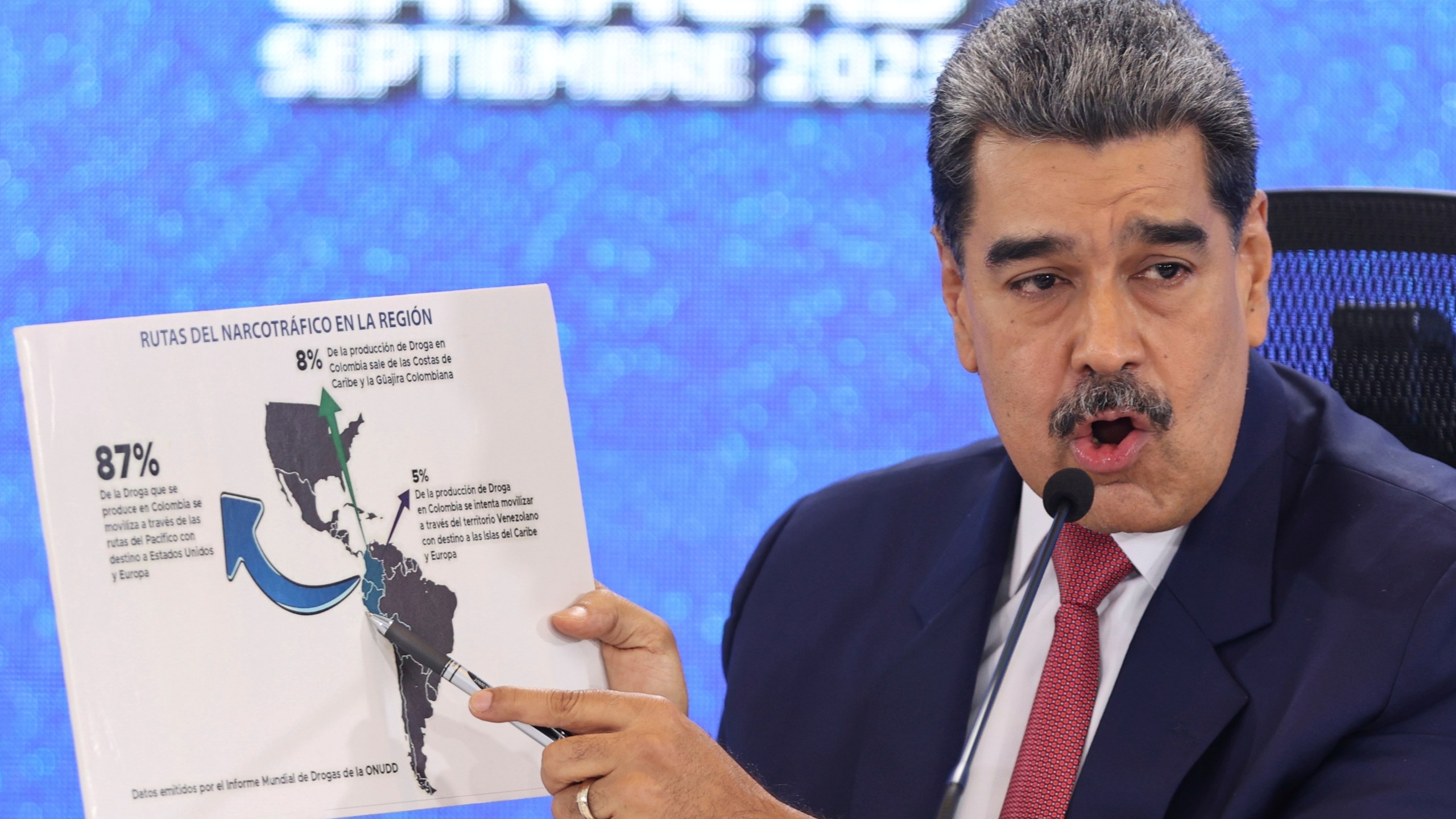FILE - Venezuela's President Nicolas Maduro points at a map of the Americas during a new conference in Caracas, Venezuela, Sept 15, 2025. (AP Photo/Jesus Vargas), File