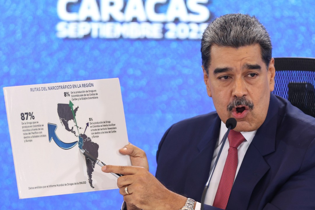 FILE - Venezuela's President Nicolas Maduro points at a map of the Americas during a new conference in Caracas, Venezuela, Sept 15, 2025. (AP Photo/Jesus Vargas), File