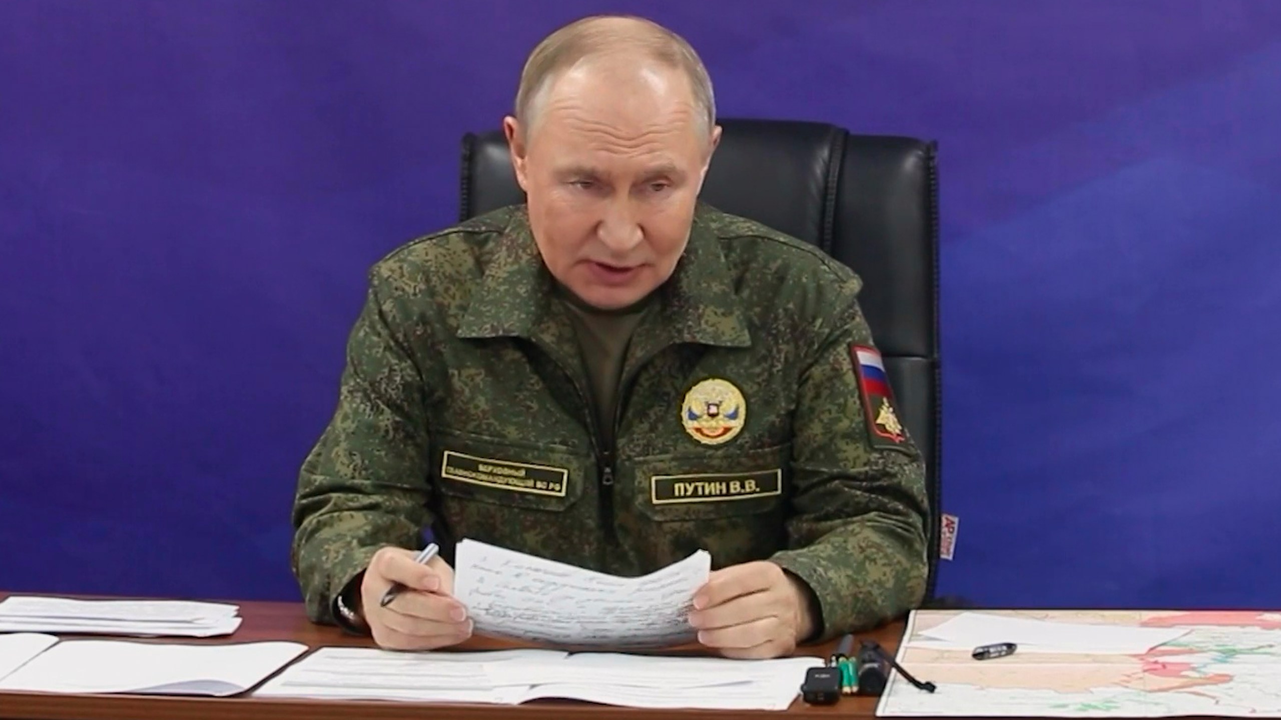 In this image made from video released by the Russian Presidential Press Office on Sunday, Oct. 26, 2025, Russian President Vladimir Putin speaks while visiting one of the command posts of the Joint Group of Forces. (Russian Presidential Press Office via AP)
