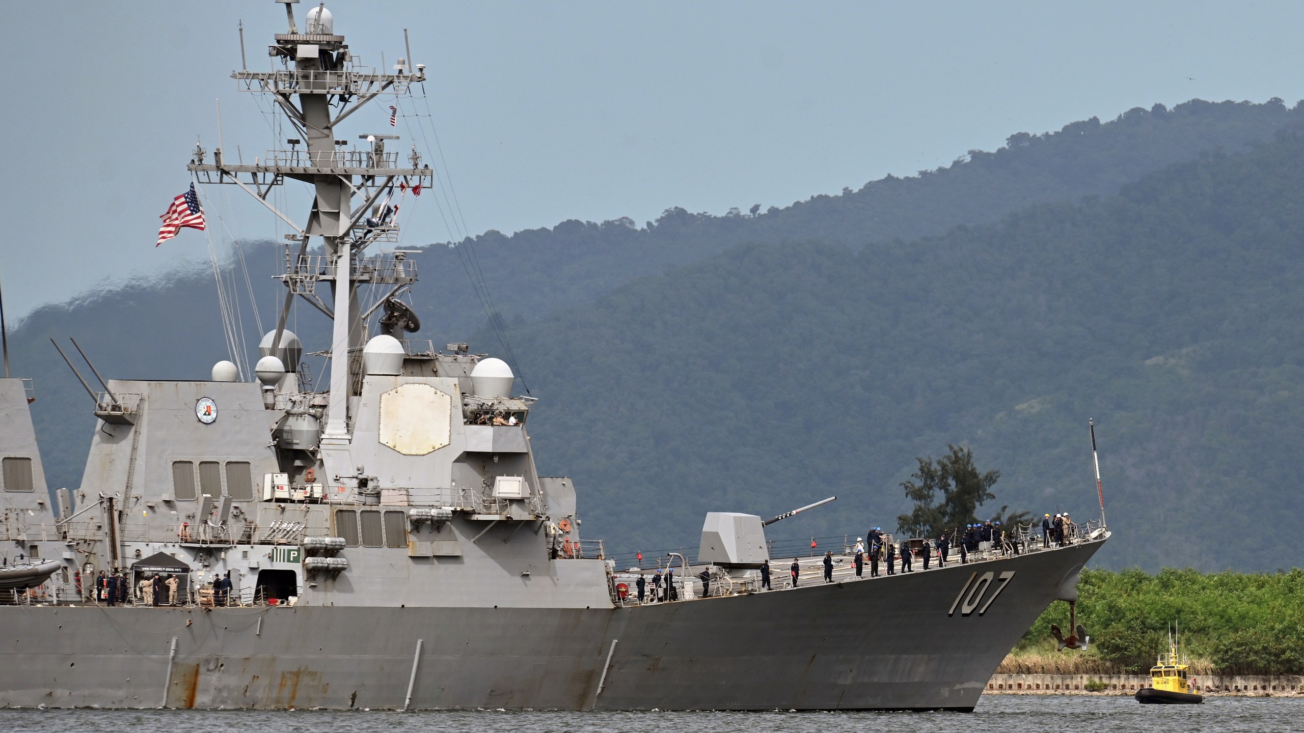 The USS Gravely destroyer prepares to dock for military exercises in Port-of-Spain, Trinidad and Tobago, Sunday, Oct. 26, 2025. (AP Photo/Robert Taylor)