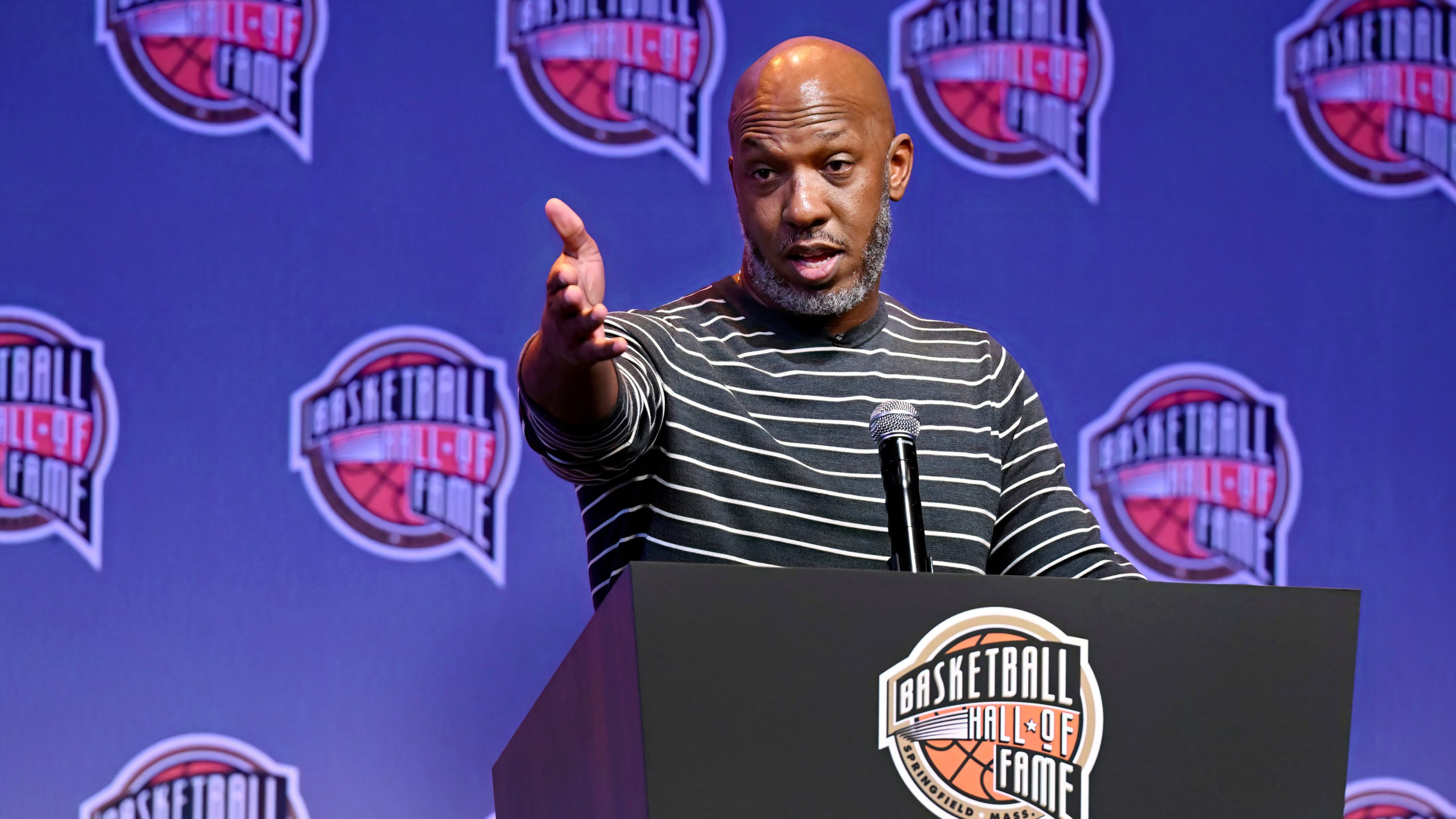 FILE - Basketball Hall of Fame Class of 2024 inductee Chauncey Billups speaks at a hall of fame news conference at Mohegan Sun, Oct. 12, 2024, in Uncasville, Conn. (AP Photo/Jessica Hill, file)
