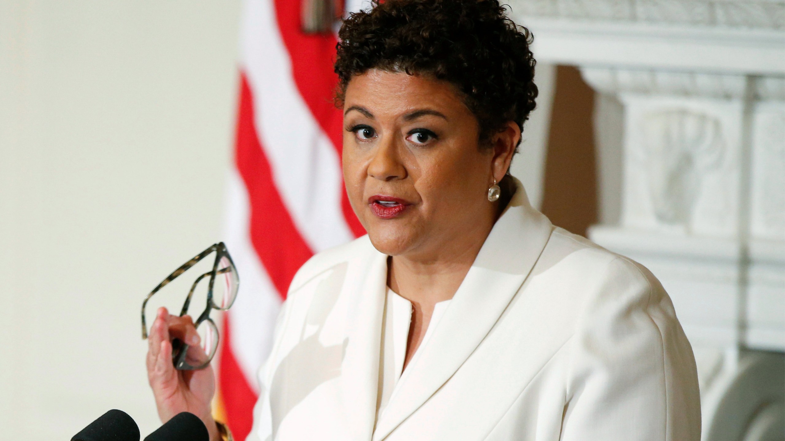 FILE - Poet laureate Elizabeth Alexander speaks in the State Dining Room of the White House in Washington on April 17, 2015. (AP Photo/Andrew Harnik, File)