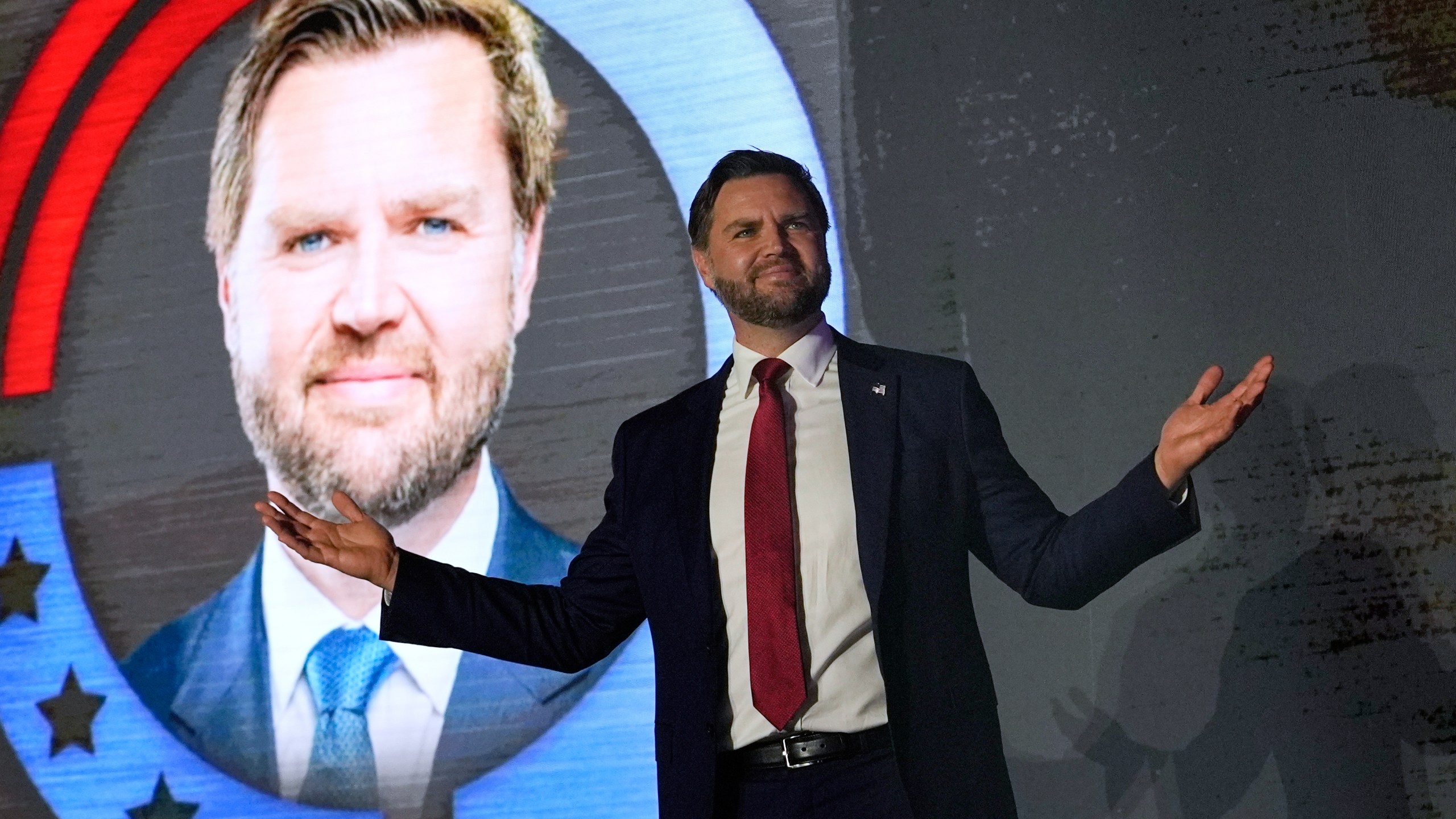 Vice President JD Vance takes the stage during a "This Is the Turning Point" campus tour event at the University of Mississippi, in Oxford, Miss., Wednesday, Oct. 29, 2025. (AP Photo/Gerald Herbert)