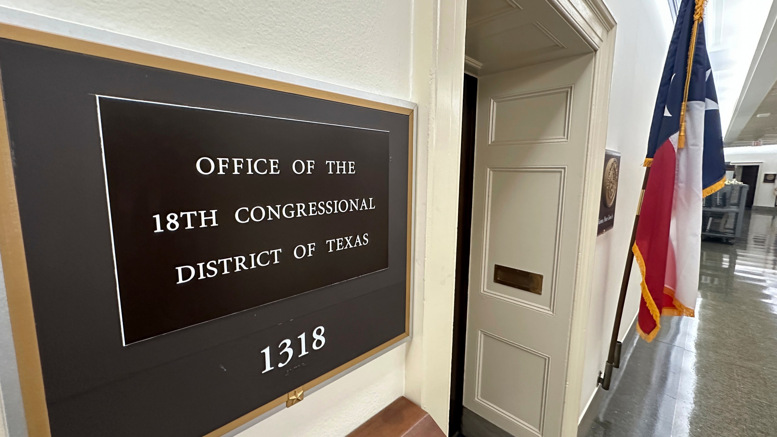 A Texas flag is on display outside the office of the state's 18th Congressional District, which has a seat that became vacant March 5, 2025, following the death of Democratic Rep. Sylvester Turner, in Washington, Sept. 2, 2025. The (AP Photo/Robert Yoon)