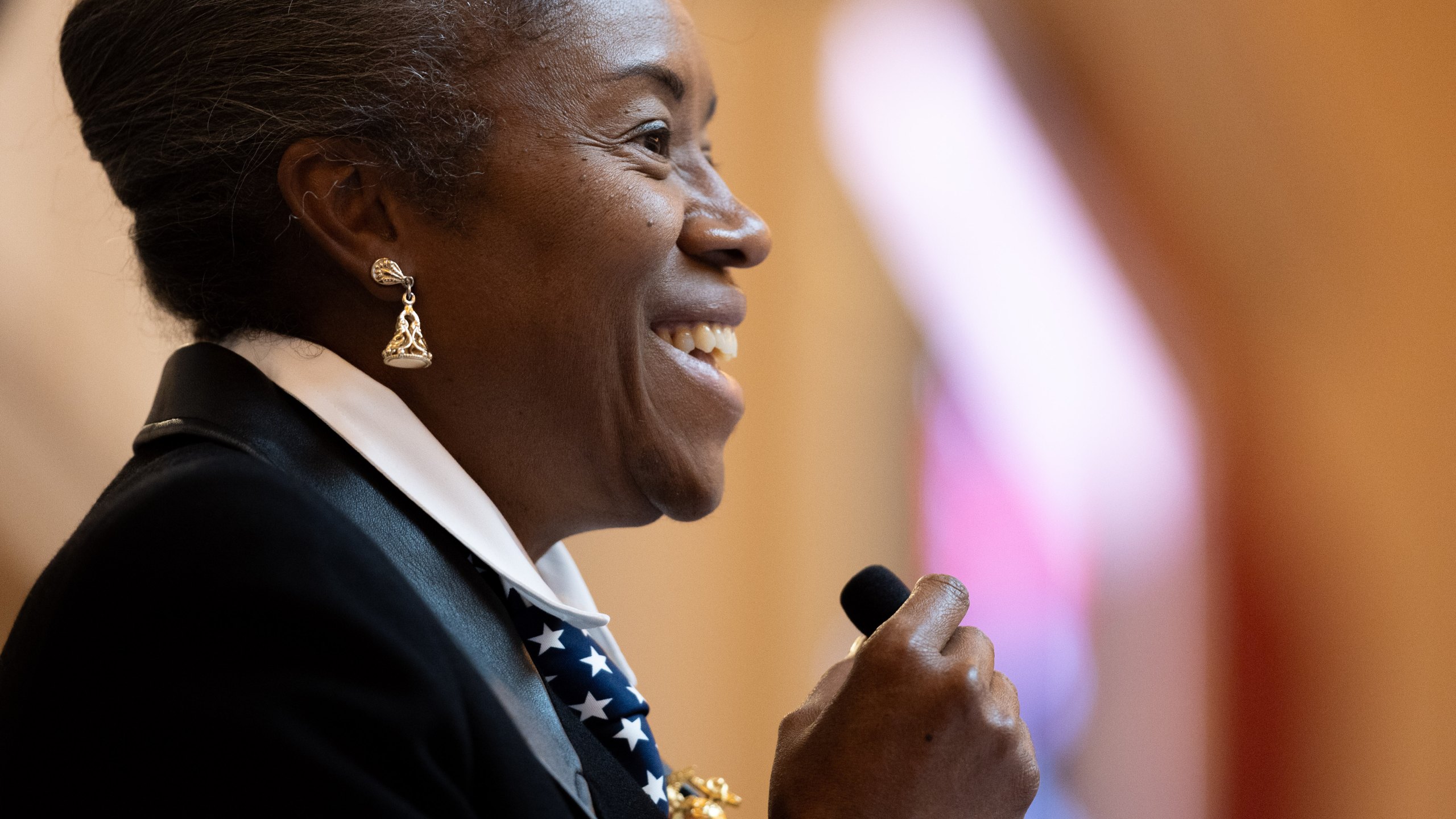 Republican gubernatorial candidate and current Lt. Gov. Winsome Earle-Sears resides over the Virginia Senate during a special legislative session, Wednesday, Oct. 29, 2025, Richmond, Va. (Mike Kropf/Richmond Times-Dispatch via AP)