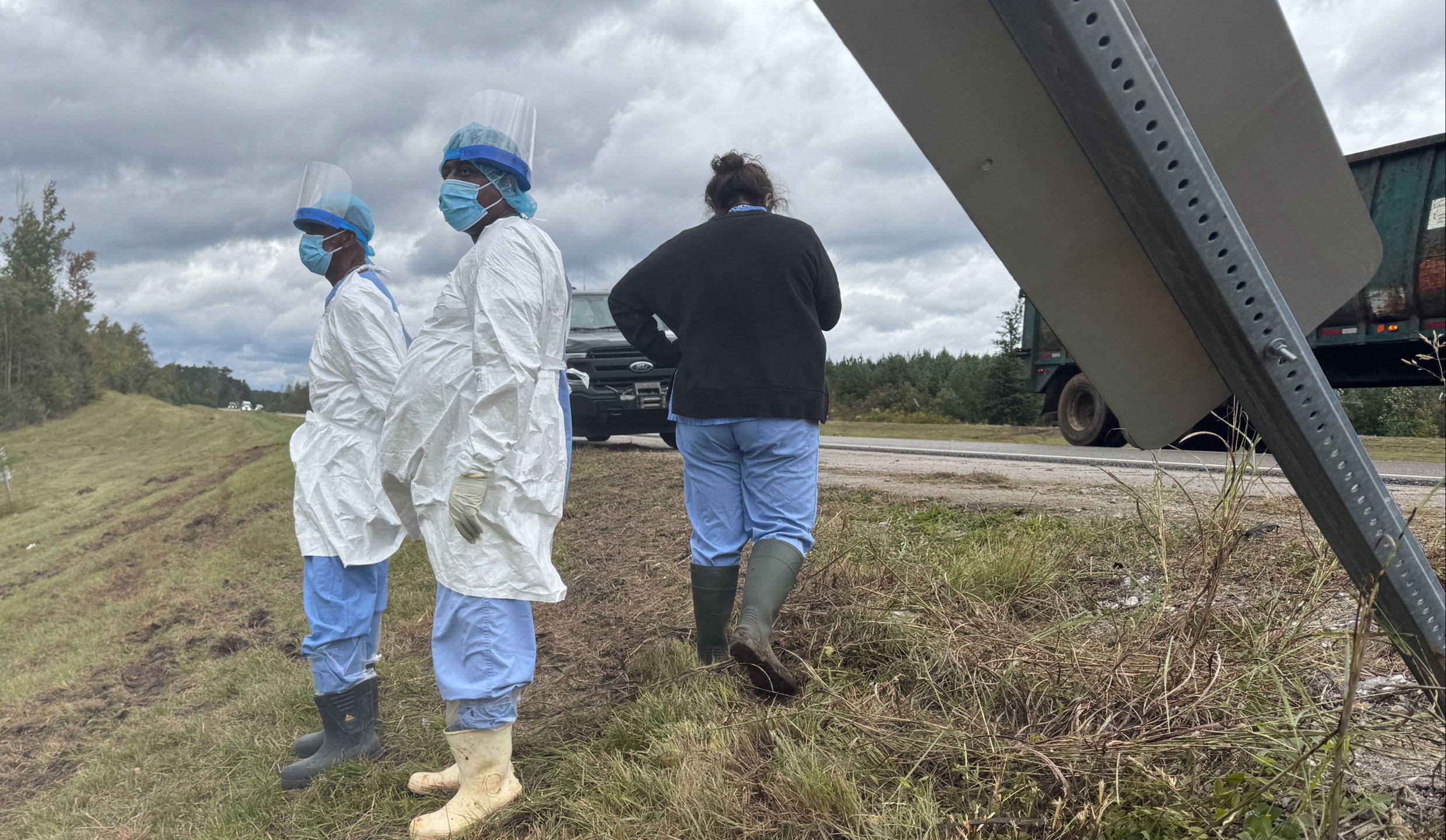 People wearing protective clothing search along a highway in Heidelberg, Miss., on Wednesday, Oct. 29, 2025, near the site of a truck which overturned Tuesday, that was carrying research monkeys. (AP Photo/Sophie Bates)