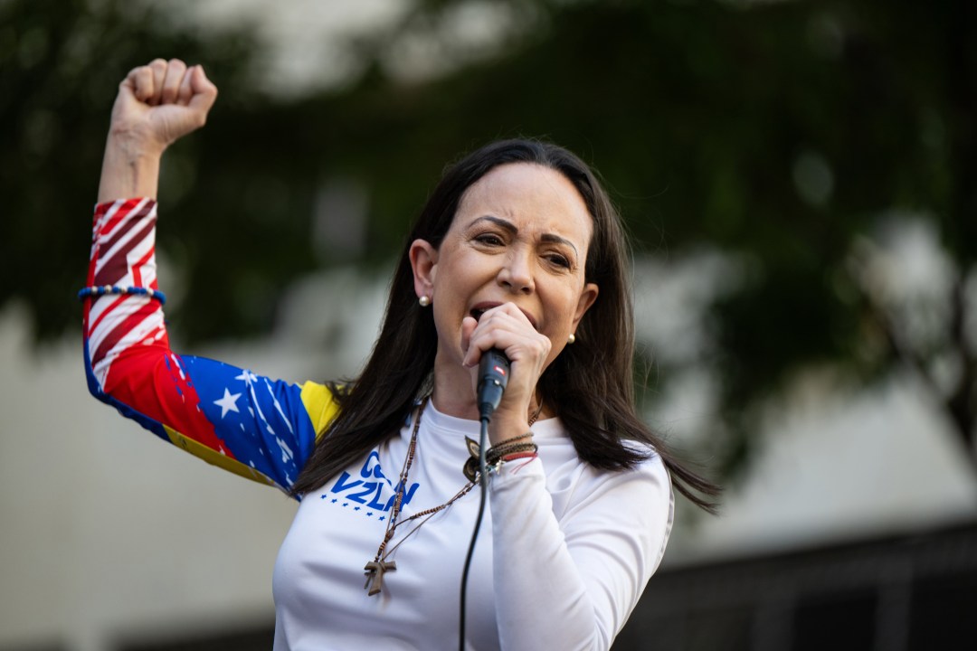 Opposition leader Maria Corina Machado, gives a speech during an anti-government protest on January 9, 2025 in Caracas, Venezuela. According to information shared by the Vente Venezuela Party, Machado was intercepted by government forces deployed by president Nicolas Maduro after finishing her participation in the rally.