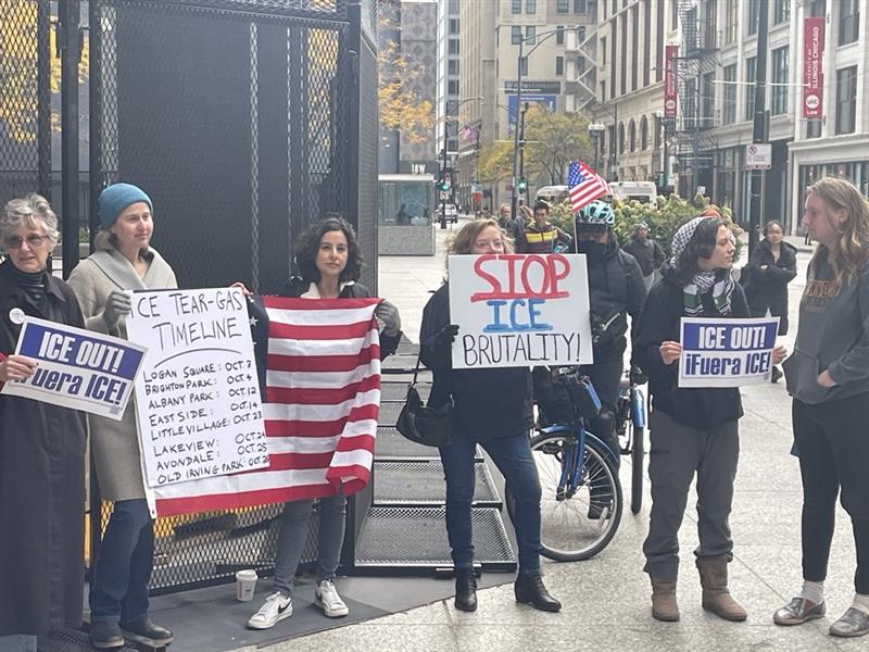 Protesters line up outside the federal courthouse in Chicago ahead of a court appearance for U.S. Border Patrol’s commander-at-large Gregory Bovino, who is in charge of federal immigration efforts in the city. (NewsNation/Jeff Arnold)