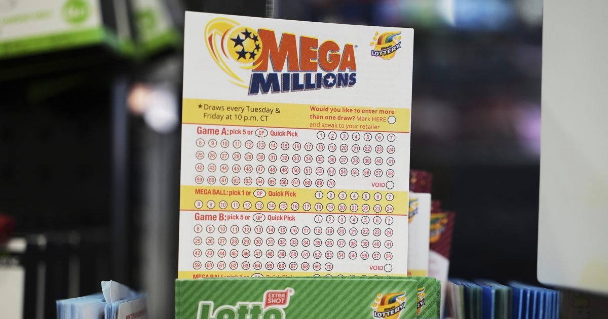 A Mega Millions lottery play slip in a box