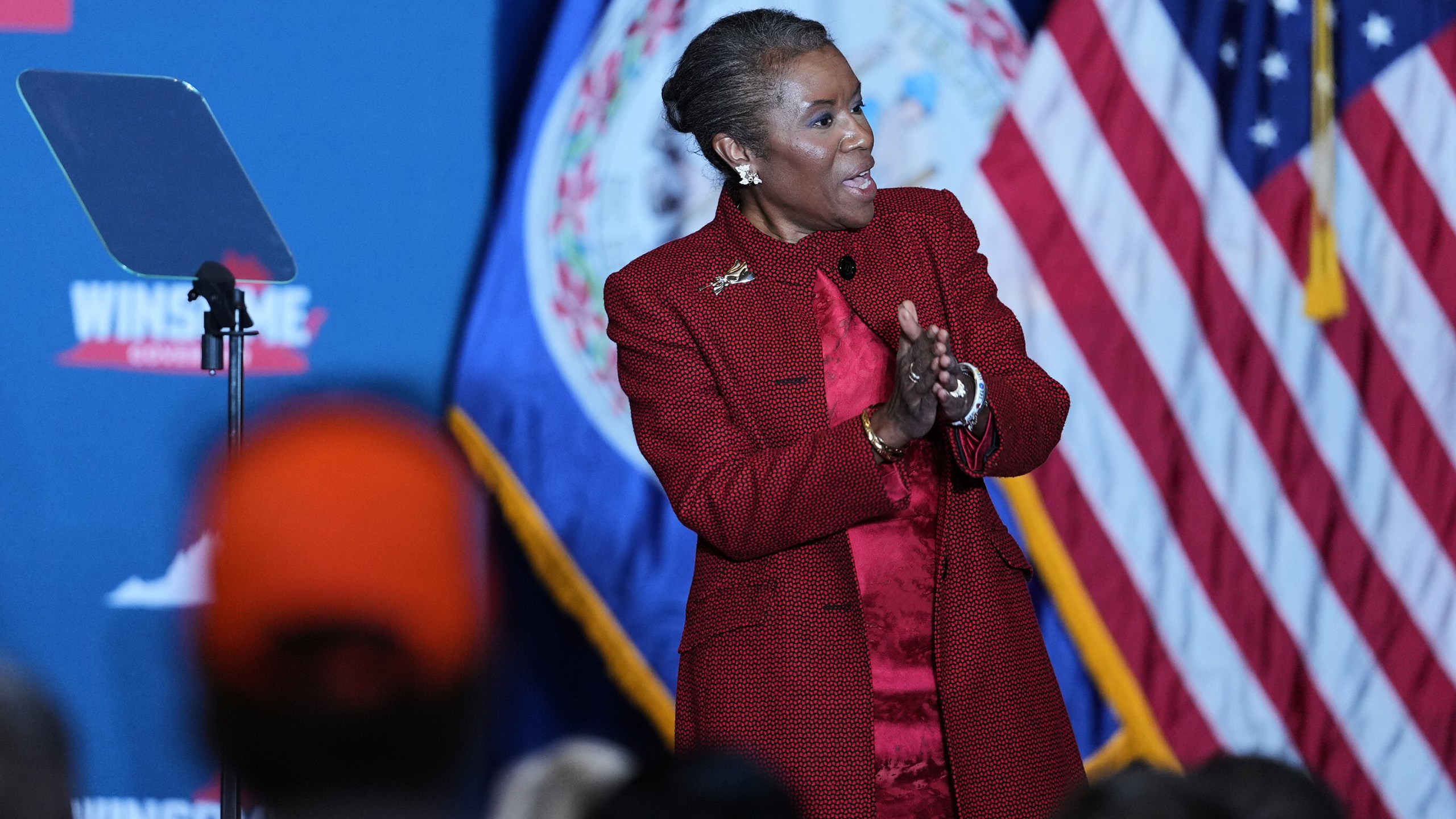Republican Winsome Earle-Sears speaks on stage at an election night watch party after losing the Virginia governor's race Tuesday, Nov. 4, 2025, in Leesburg, Va. (AP Photo/Eric Lee)