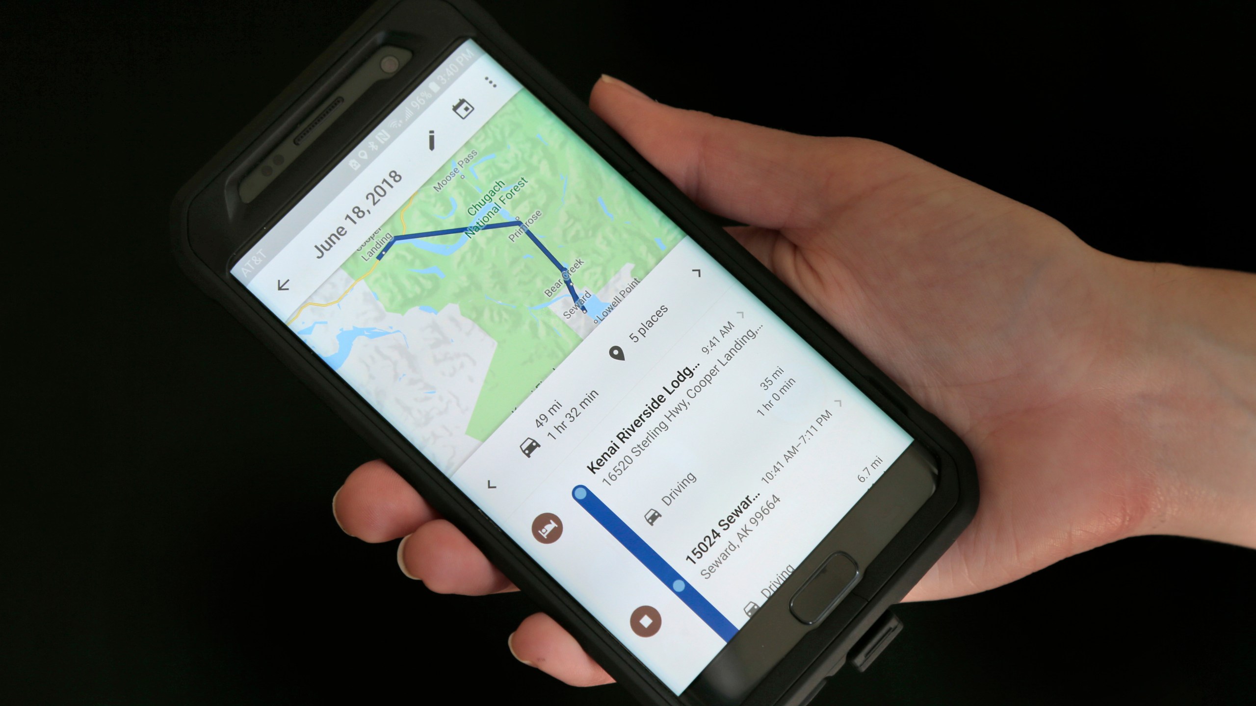 FILE - In this Aug. 8, 2018, file photo, a mobile phone displays a user's travels using Google Maps in New York. (AP Photo/Seth Wenig, File)