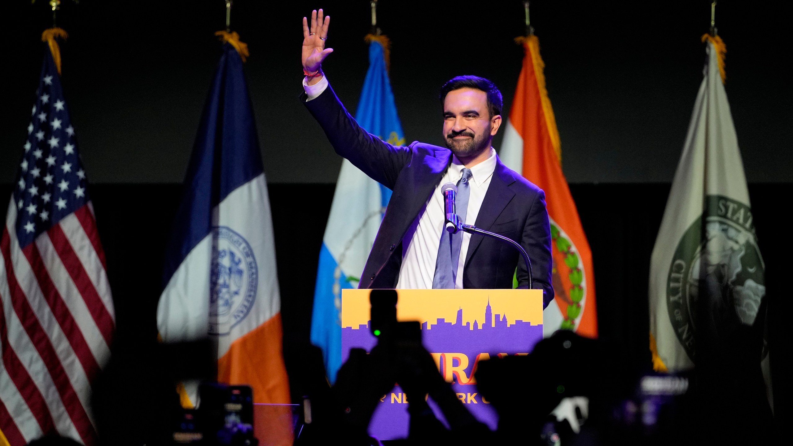 Mayor elect Zohran Mamdani waves to supporters after making his acceptance speech at an election nigh watch party, Tuesday, Nov. 4, 2025, in New York. (AP Photo/Yuki Iwamura)