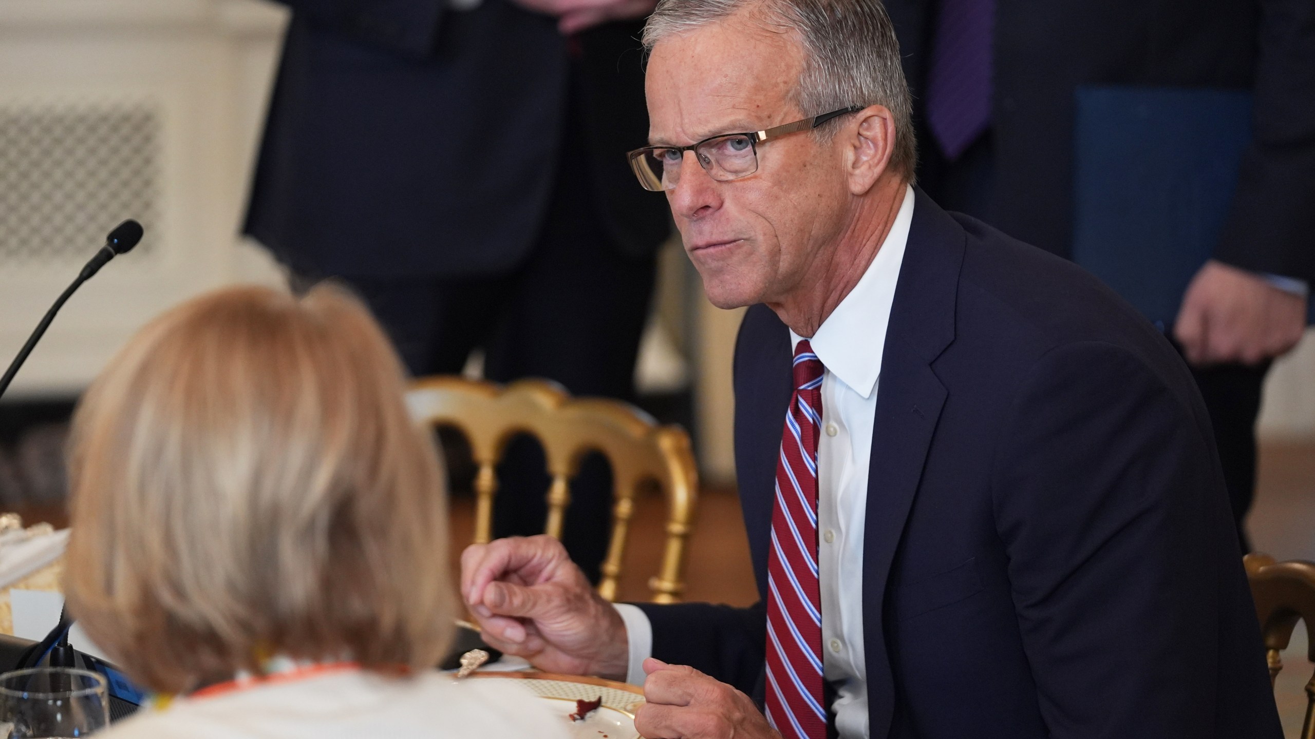 Senate Majority Leader John Thune, R-S.D., attends a breakfast with other Senate Republicans in the State Dining Room of the White House, Wednesday, Nov. 5, 2025, in Washington. (AP Photo/Evan Vucci)