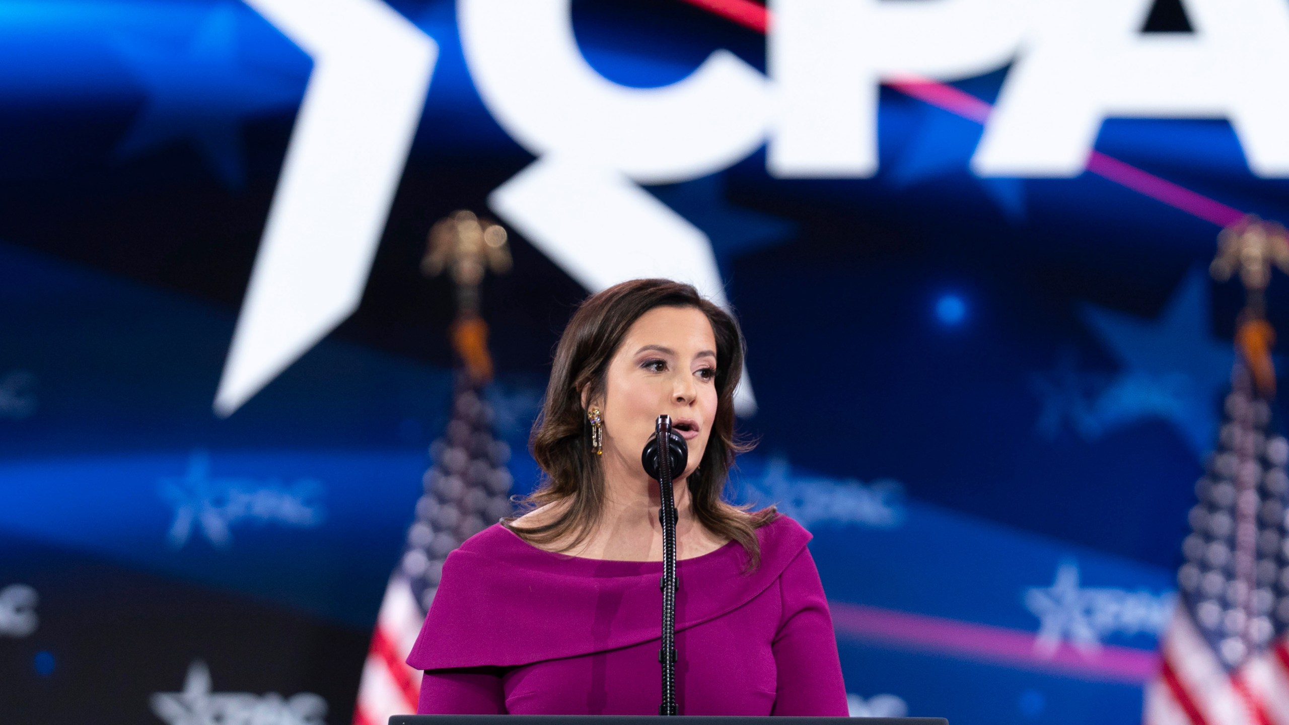 FILE - Rep. Elise Stefanik, R-NY., speaks at the Conservative Political Action Conference, CPAC, at the Gaylord National Resort & Convention Center, Feb. 22, 2025, in Oxon Hill, Md. (AP Photo/Jose Luis Magana, File)