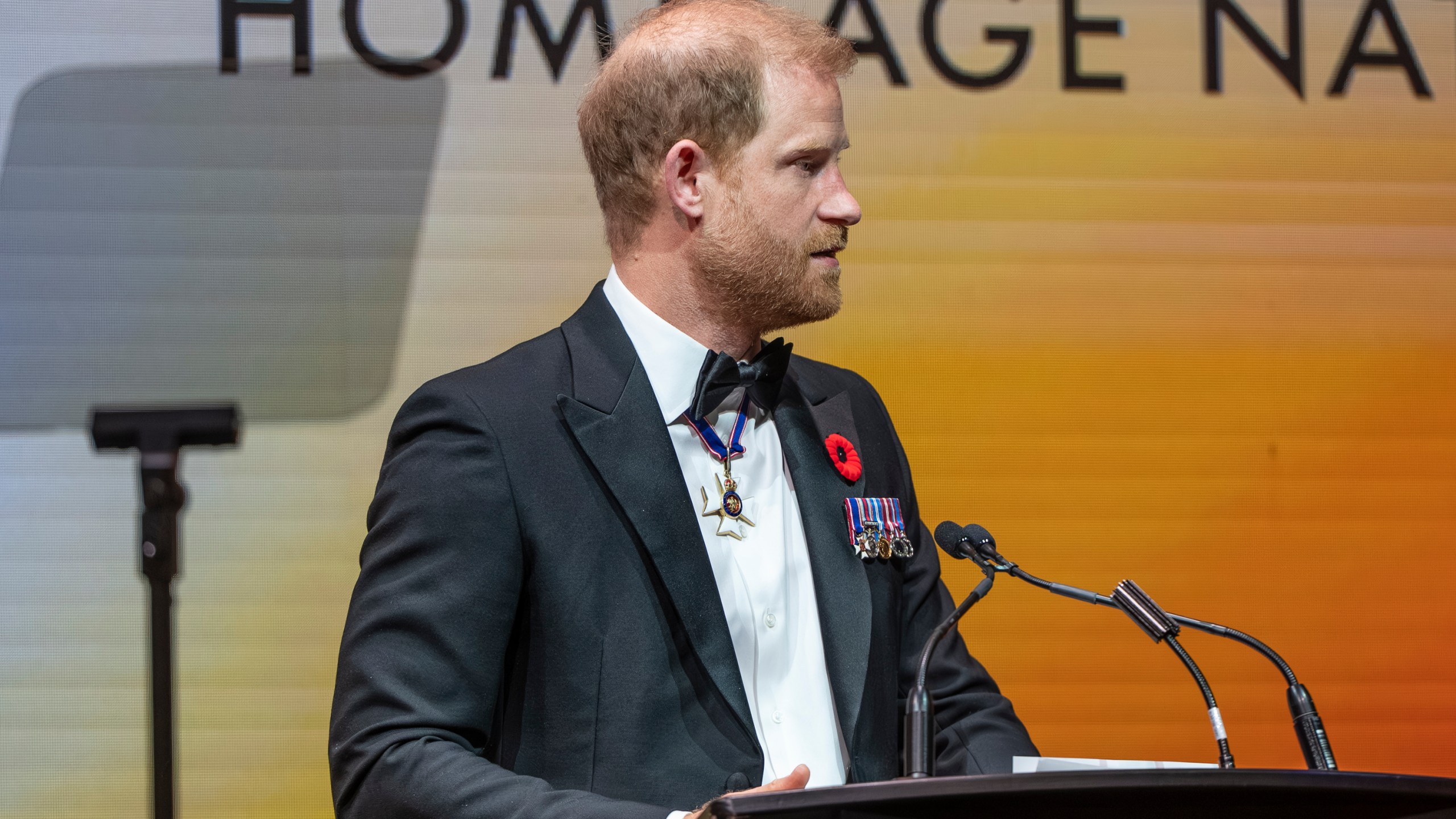 Britain's Prince Harry, Duke of Sussex, delivers remarks at the True Patriot Love's National Tribute Dinner in Toronto, Thursday, Nov. 6, 2025. (Eduardo Lima/The Canadian Press via AP)