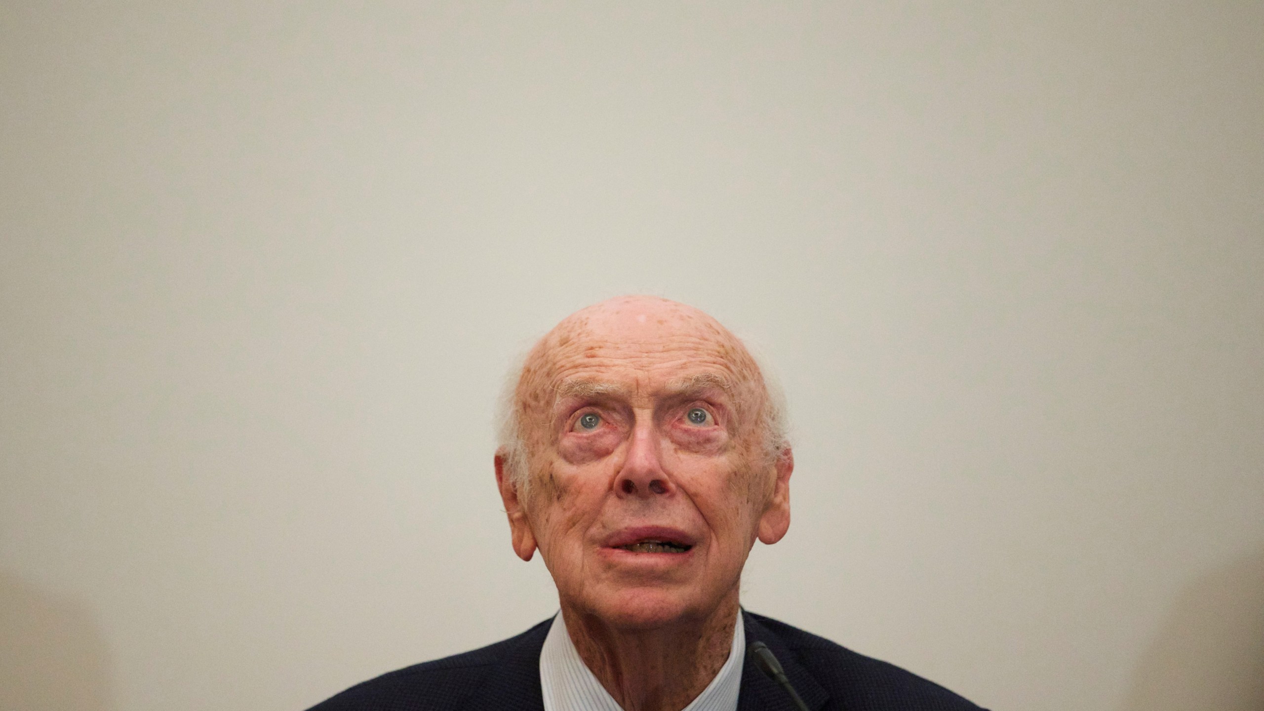 FILE - U.S. Nobel laureate, biologist James Watson speaks at the Russian Academy of Sciences, in Moscow, Russia, Wednesday, June 17, 2015. (AP Photo/Ivan Sekretarev, File)