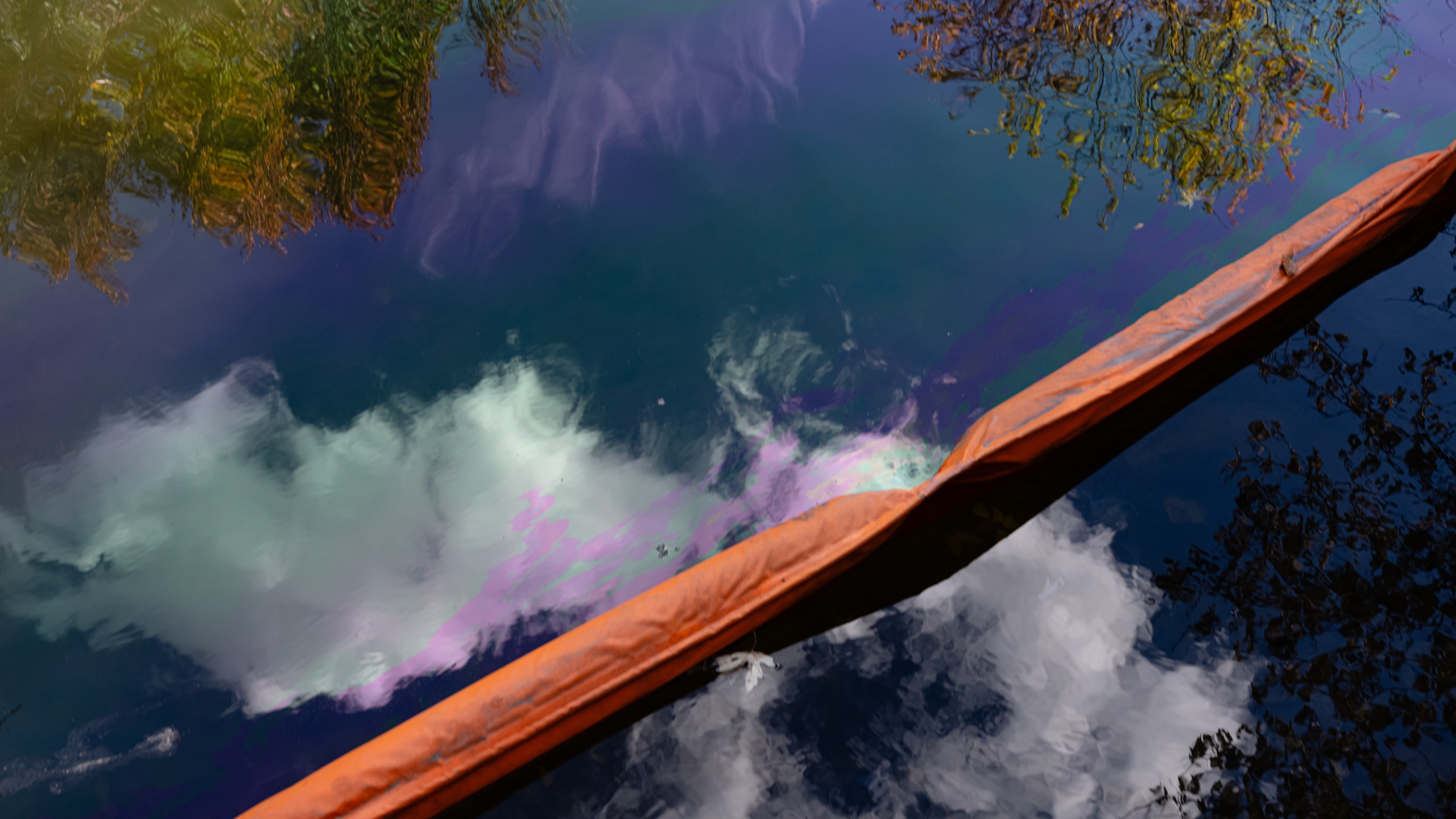 Oil runoff from the UPS plane crash is seen in a waterway known as Northern Ditch, Saturday, Nov. 8, 2025, in Louisville, Ky. (AP Photo/Jon Cherry)