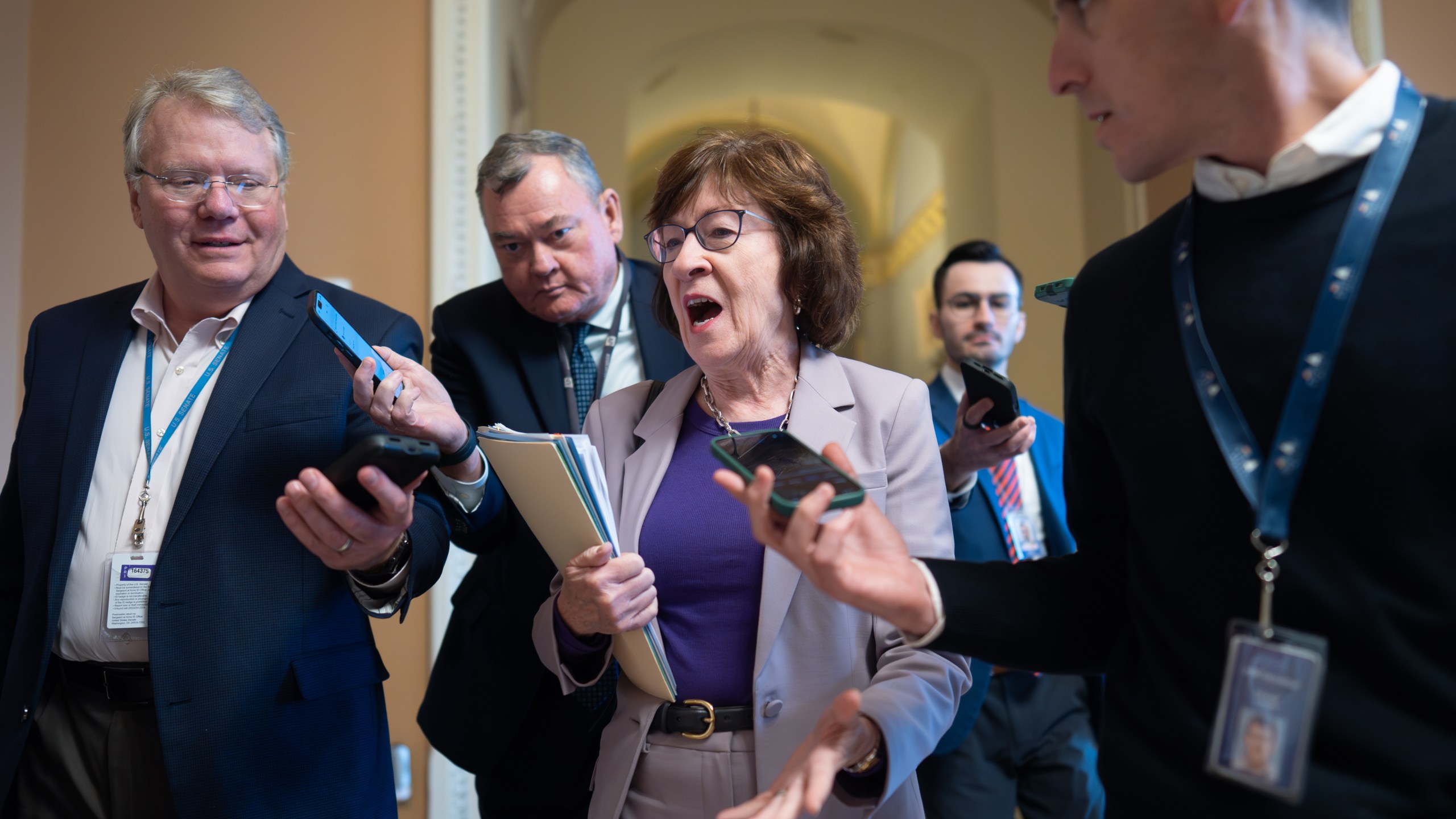 Sen. Susan Collins, R-Maine, chair of the Senate Appropriations Committee, arrives to meet with fellow Republicans behind closed doors to discuss proposals on ending the government shutdown, at the Capitol in Washington, Friday, Nov. 7, 2025. (AP Photo/J. Scott Applewhite)