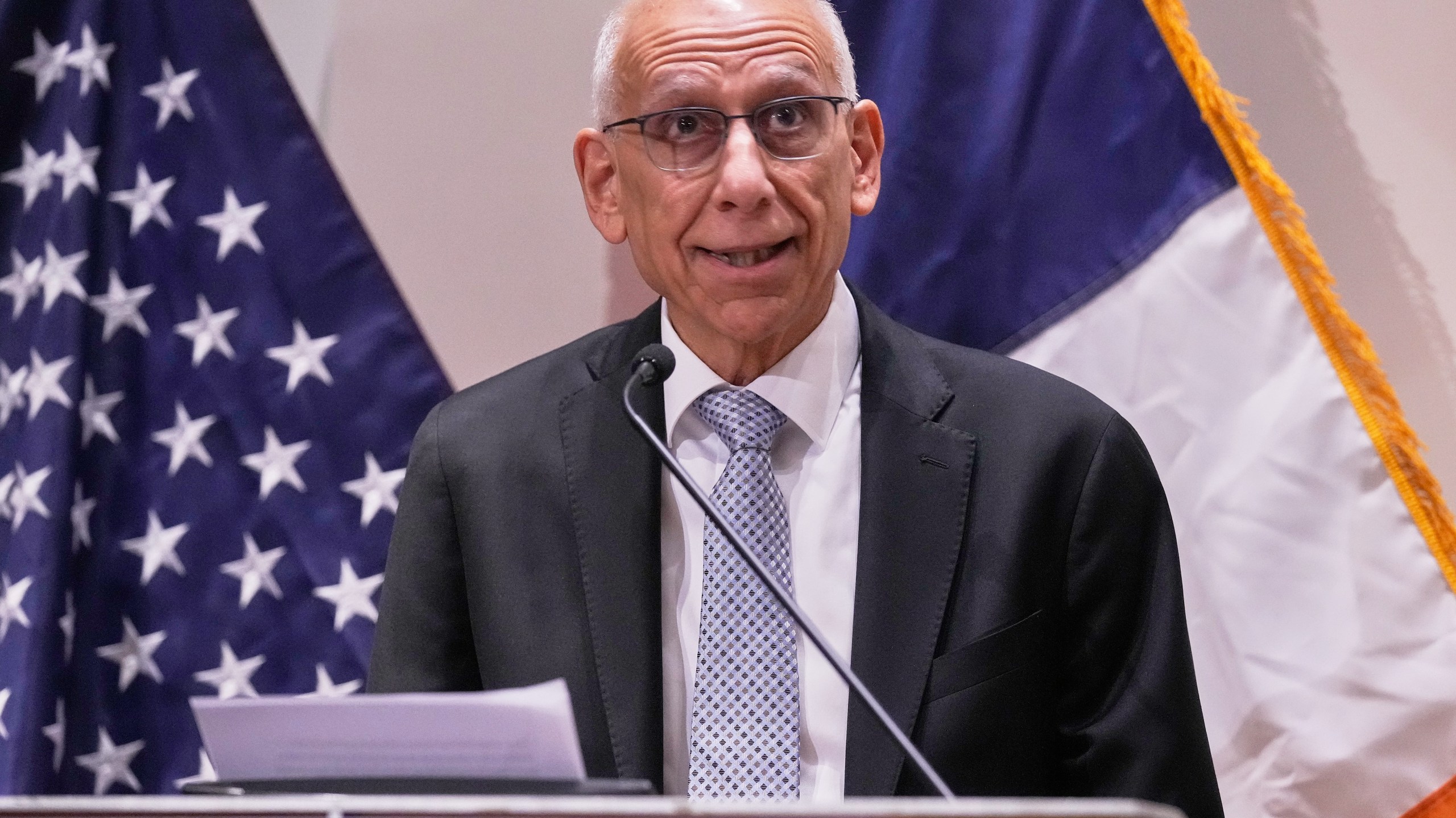 CORRECTS NAME SPELLING: Dean Fuleihan, appointed first deputy mayor by mayor-elect Zohran Mamdani, speaks during a news conference in New York, Monday, Nov. 10, 2025. (AP Photo/Richard Drew)