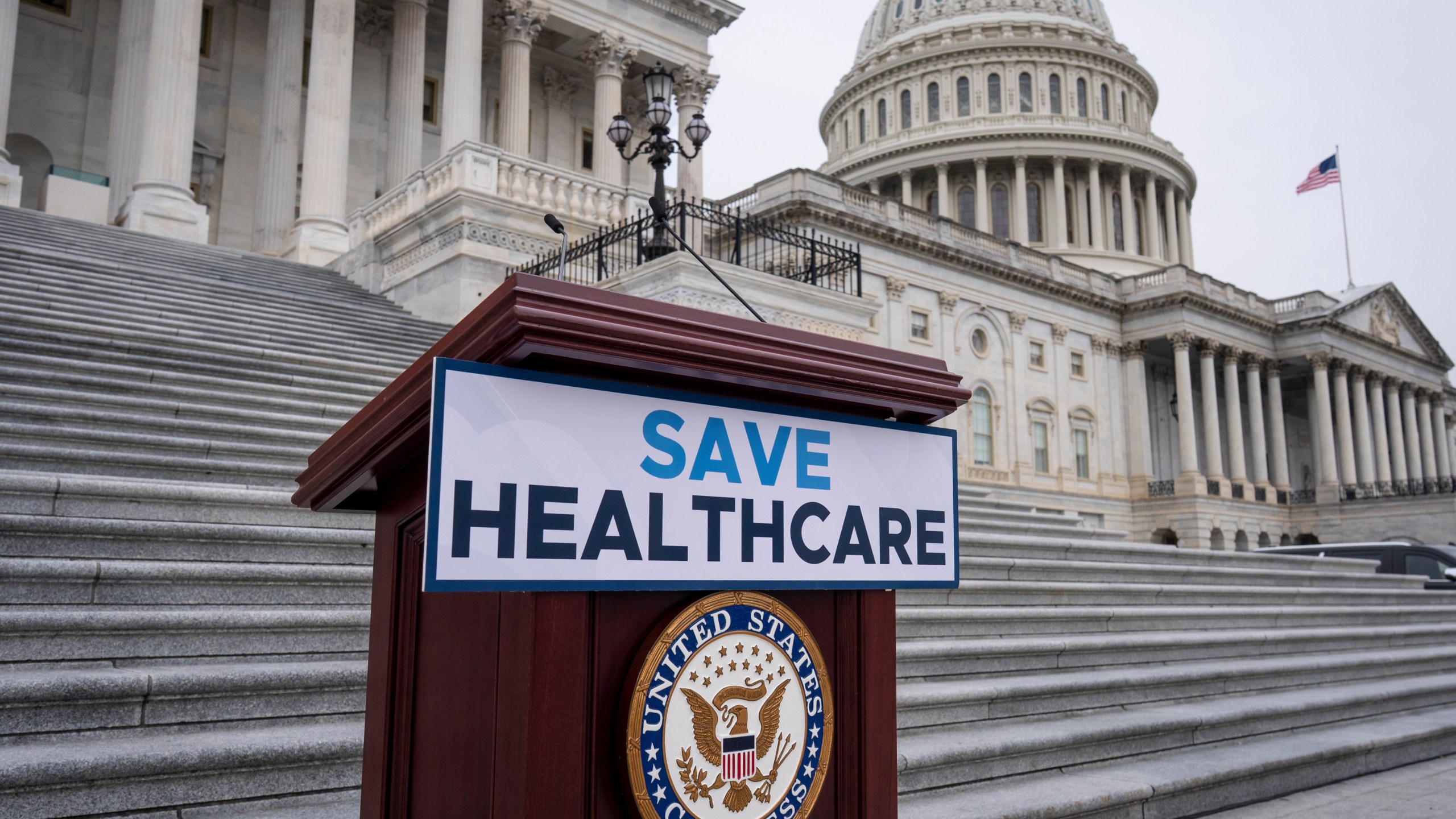 FILE - House Democrats prepare to speak on the steps of the Capitol to insist that Republicans include an extension of expiring health care benefits as part of a government funding compromise, in Washington, Sept. 30, 2025. (AP Photo/J. Scott Applewhite, File)