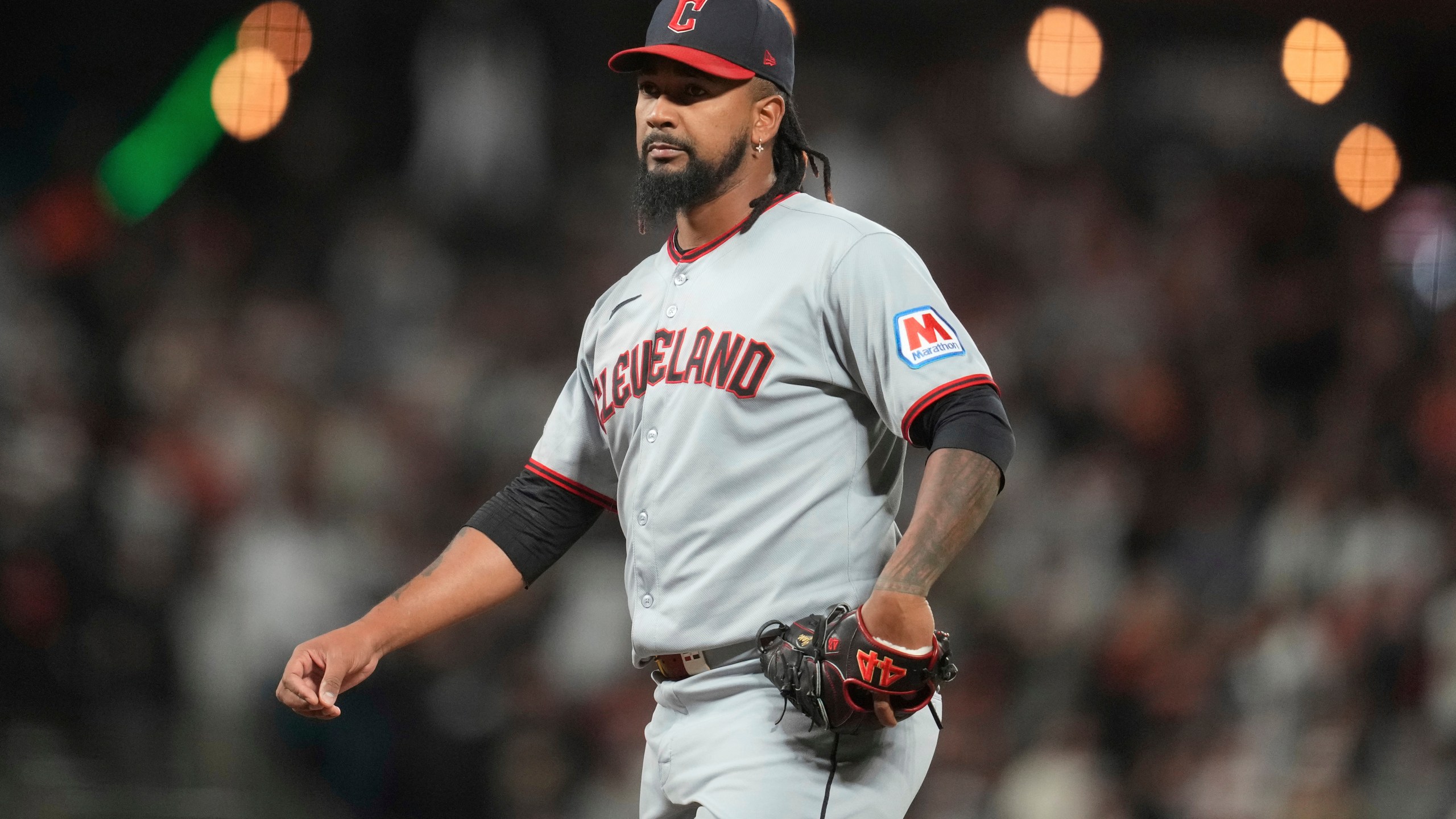 FILE - Cleveland Guardians pitcher Emmanuel Clase during a baseball game against the San Francisco Giants, in San Francisco, June 17, 2025. (AP Photo/Jeff Chiu, file)
