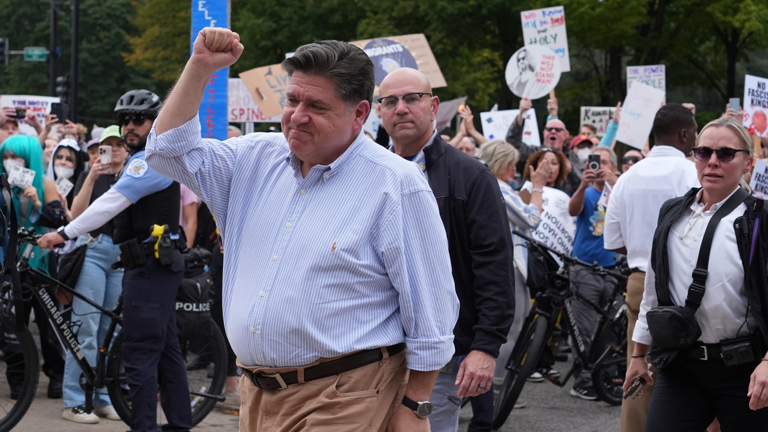 Illinois Gov. JB Pritzker, arrives during a "No Kings" protest Saturday, Oct. 18, 2025, in Chicago. (AP Photo/Nam Y. Huh)