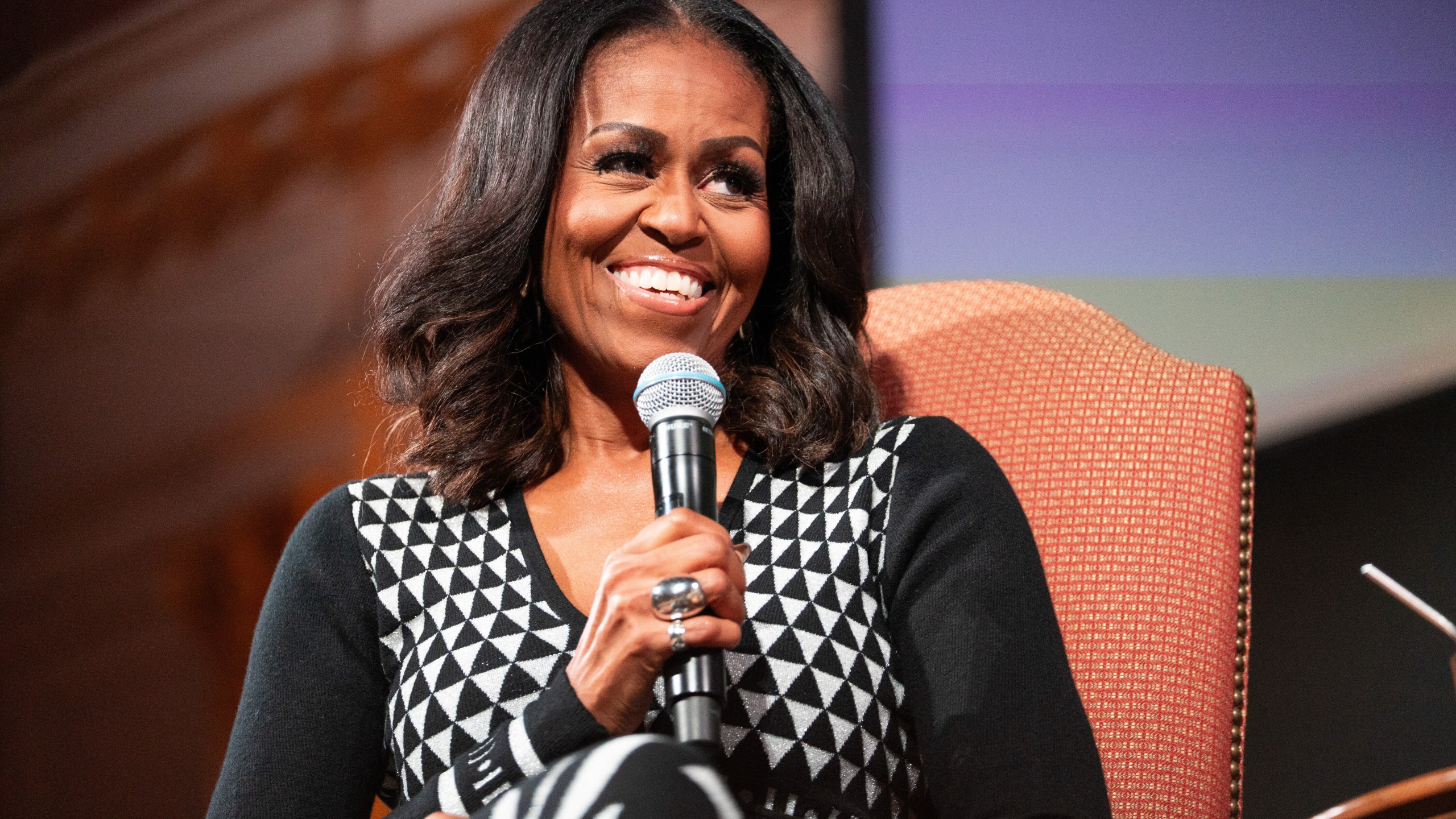 Former first lady Michelle Obama speaks about her new book "The Look" during an event at Sixth and I, Wednesday, Nov. 12, 2025, in Washington. (AP Photo/Allison Robbert)