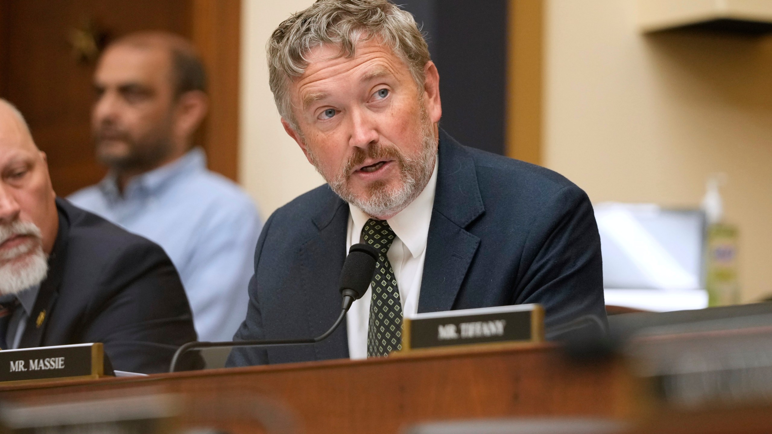 FILE - Rep. Thomas Massie, R-Ky., speaks as FBI Director Kash Patel appears before the House Judiciary Committee, on Capitol Hill in Washington, Sept. 17, 2025. (AP Photo/Mark Schiefelbein, File)