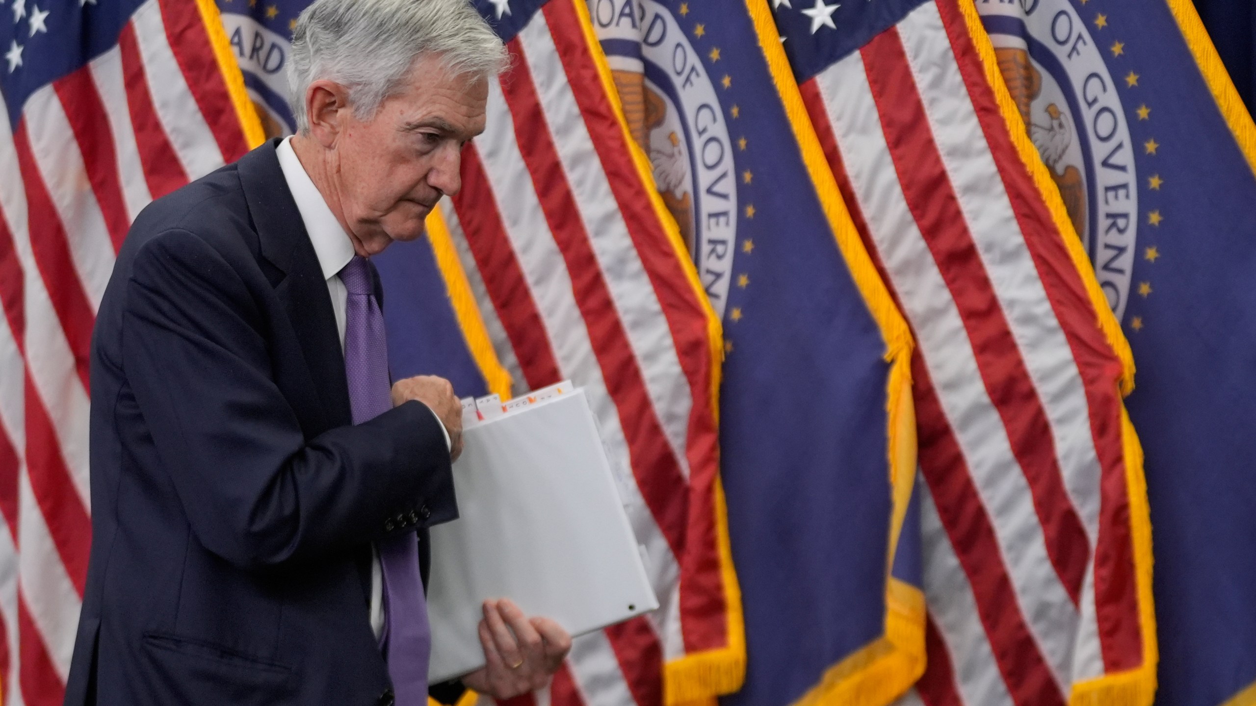 Federal Reserve Chairman Jerome Powell departs after a news conference after the Federal Open Market Committee meeting Wednesday, Oct. 29, 2025, at the Federal Reserve Board Building in Washington. (AP Photo/Manuel Balce Ceneta)