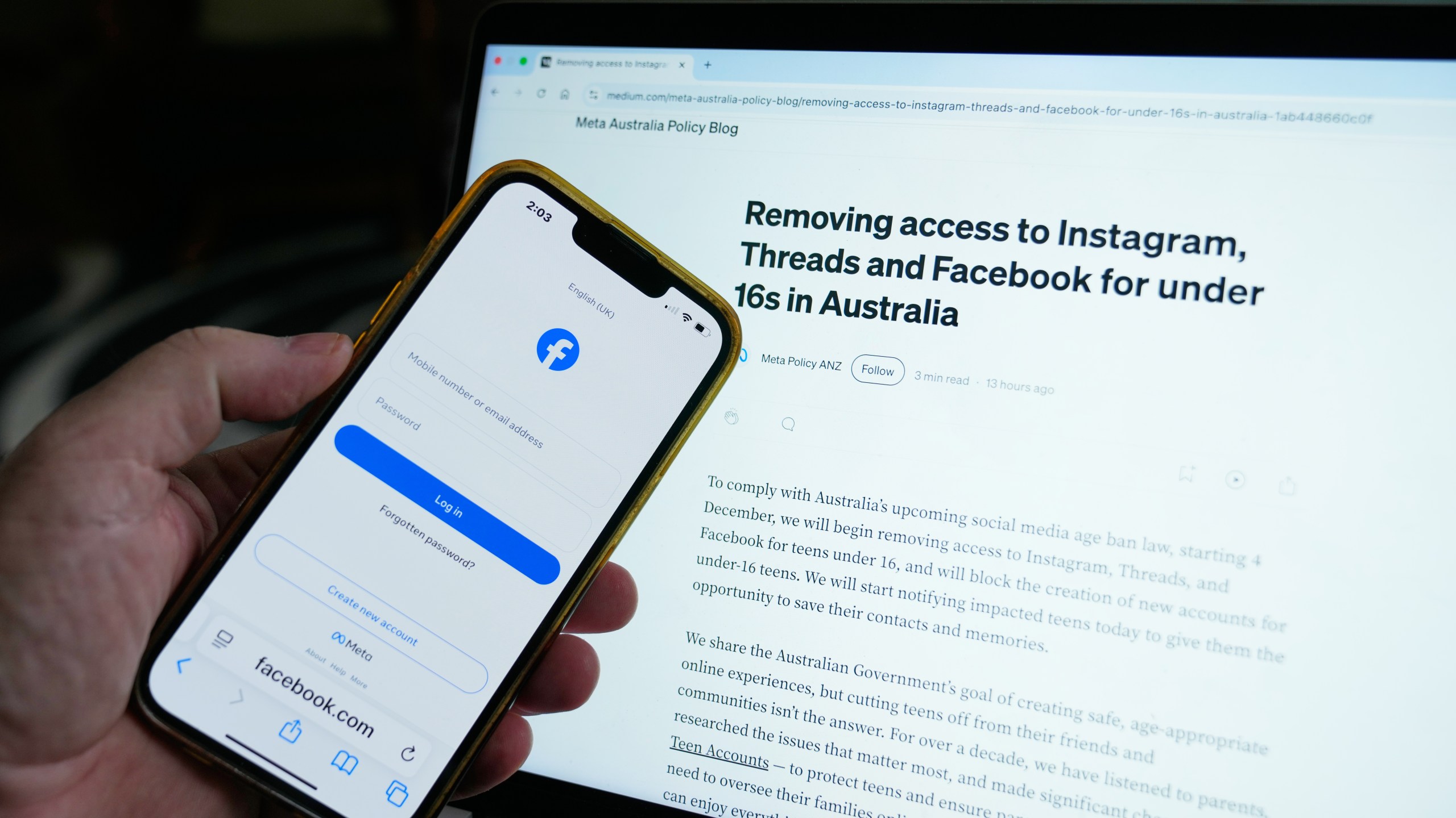 A logon screen for Facebook and the new Meta policy are photographed in Sydney, Australia, Thursday, Nov. 20, 2025. (AP Photo/Rick Rycroft)