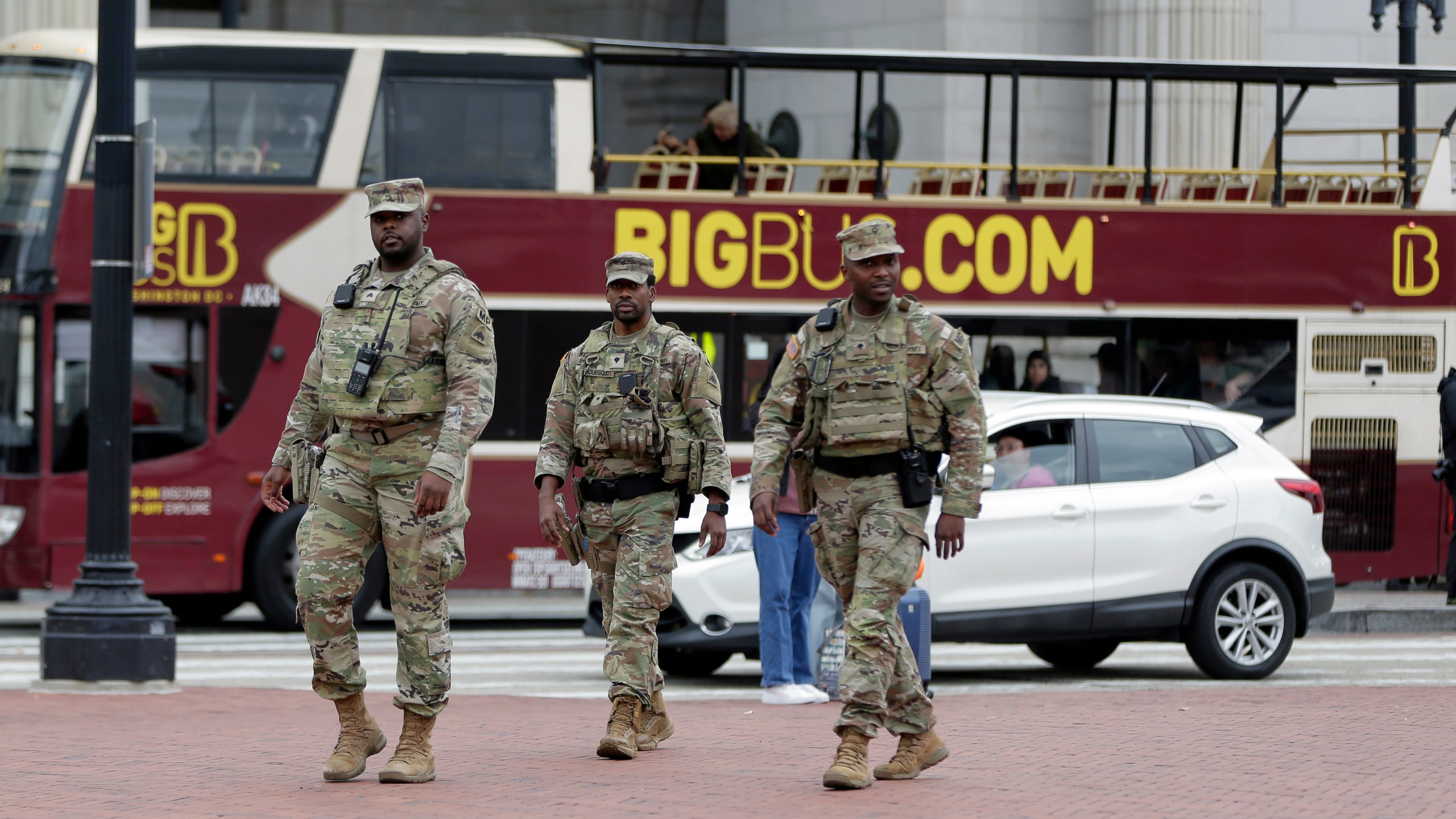 National Guard soldiers patrol at Union Station, Tuesday, Oct. 28, 2025, in Washington. (AP Photo/Rahmat Gul)