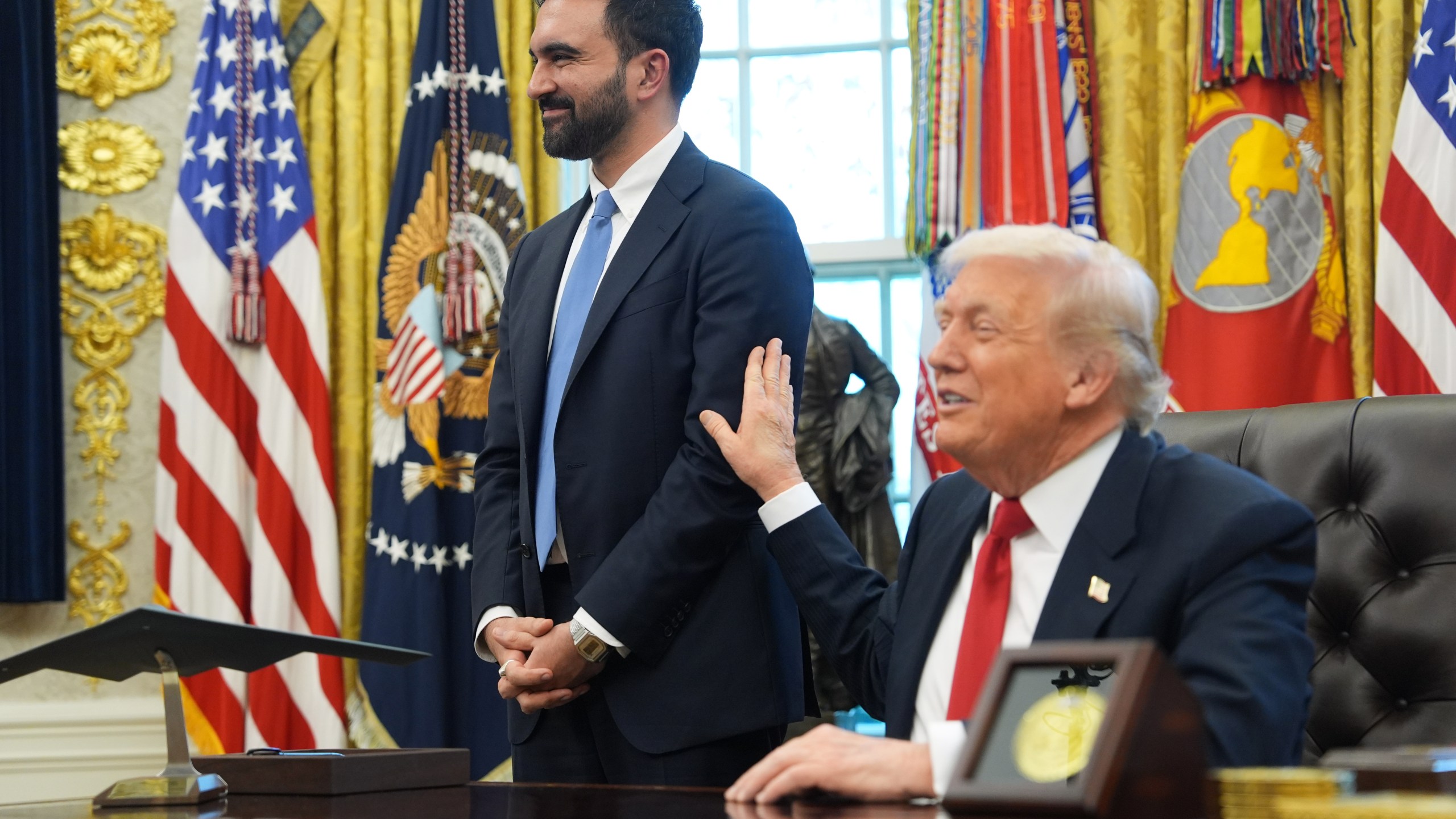 President Donald Trump talks after meeting with New York City Mayor-elect Zohran Mamdani in the Oval Office of the White House, Friday, Nov. 21, 2025, in Washington. (AP Photo/Evan Vucci)