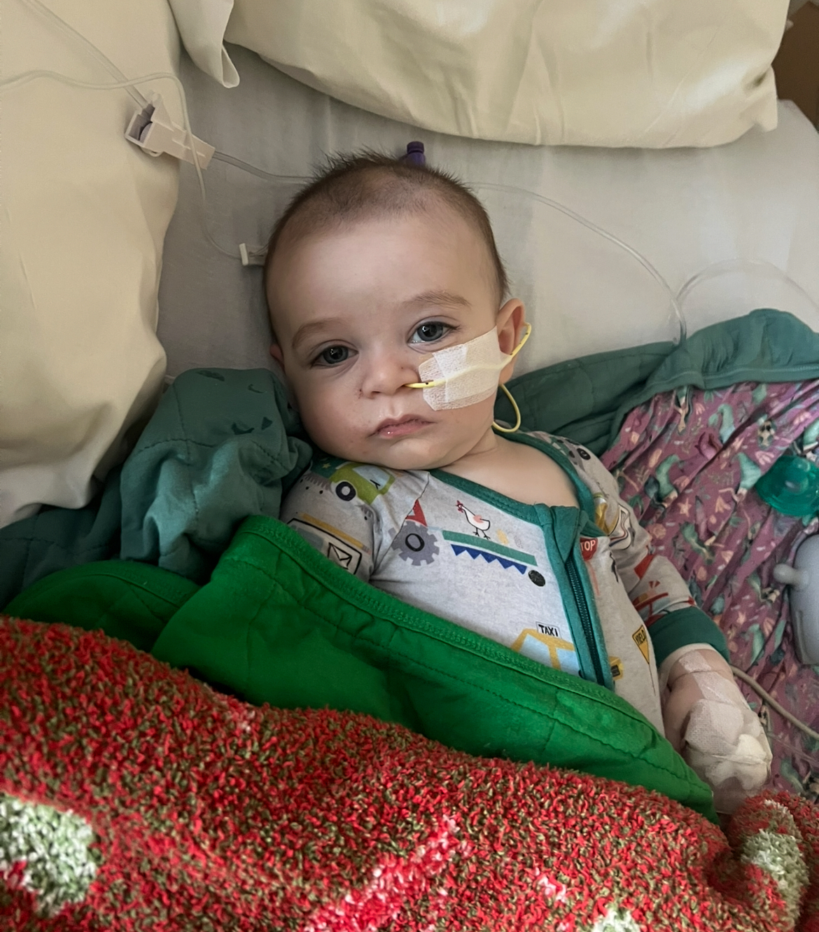 This March 2025 photo provided by Amy Mazziotti shows Hank Mazziotti, 8 months, being treated for infant botulism in Los Angeles. (Amy Mazziotti via AP)