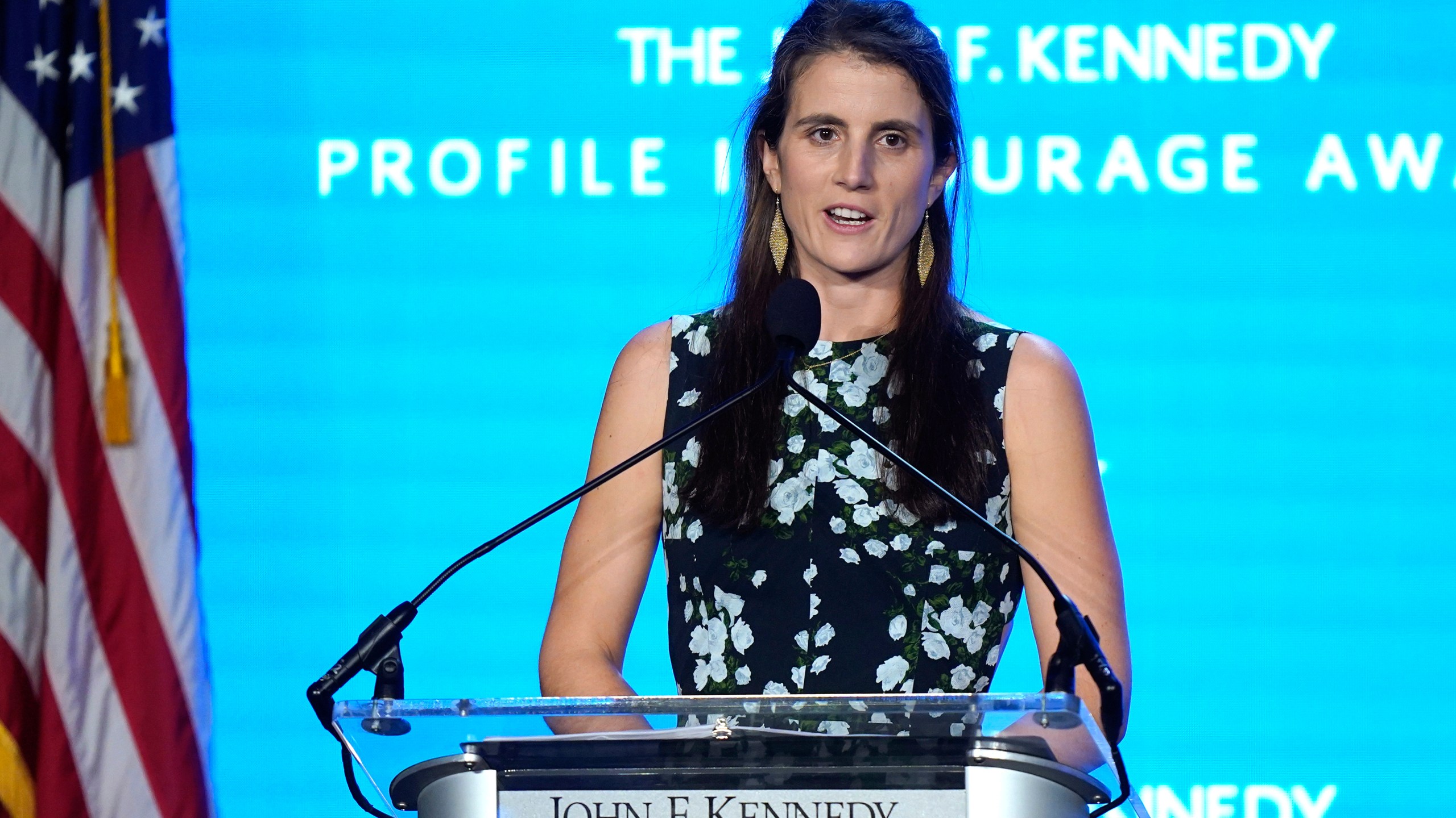 FILE - Tatiana Schlossberg, the daughter of Caroline Kennedy and Edwin Schlossberg, addresses an audience during the John F. Kennedy Profile in Courage Award ceremony, at the John F. Kennedy Presidential Library and Museum in Boston, Oct. 29, 2023. (AP Photo/Steven Senne, File)