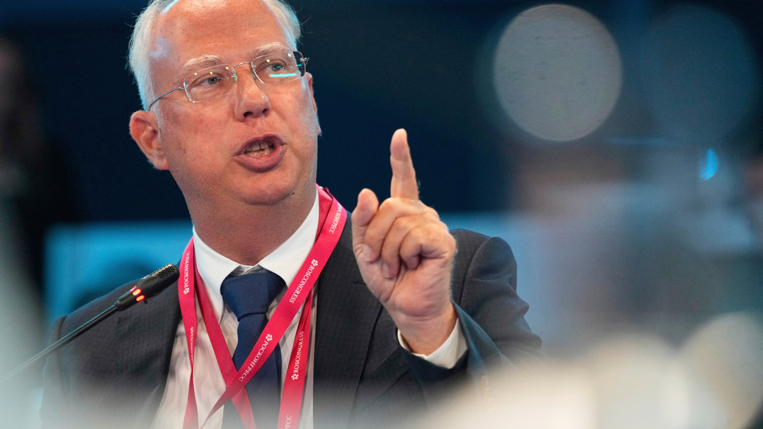 FILE - Russian President Vladimir Putin's envoy Kirill Dmitriev speaks at an economic forum in St. Petersburg, Russia, on June 20, 2025. (AP Photo/Dmitri Lovetsky, File)