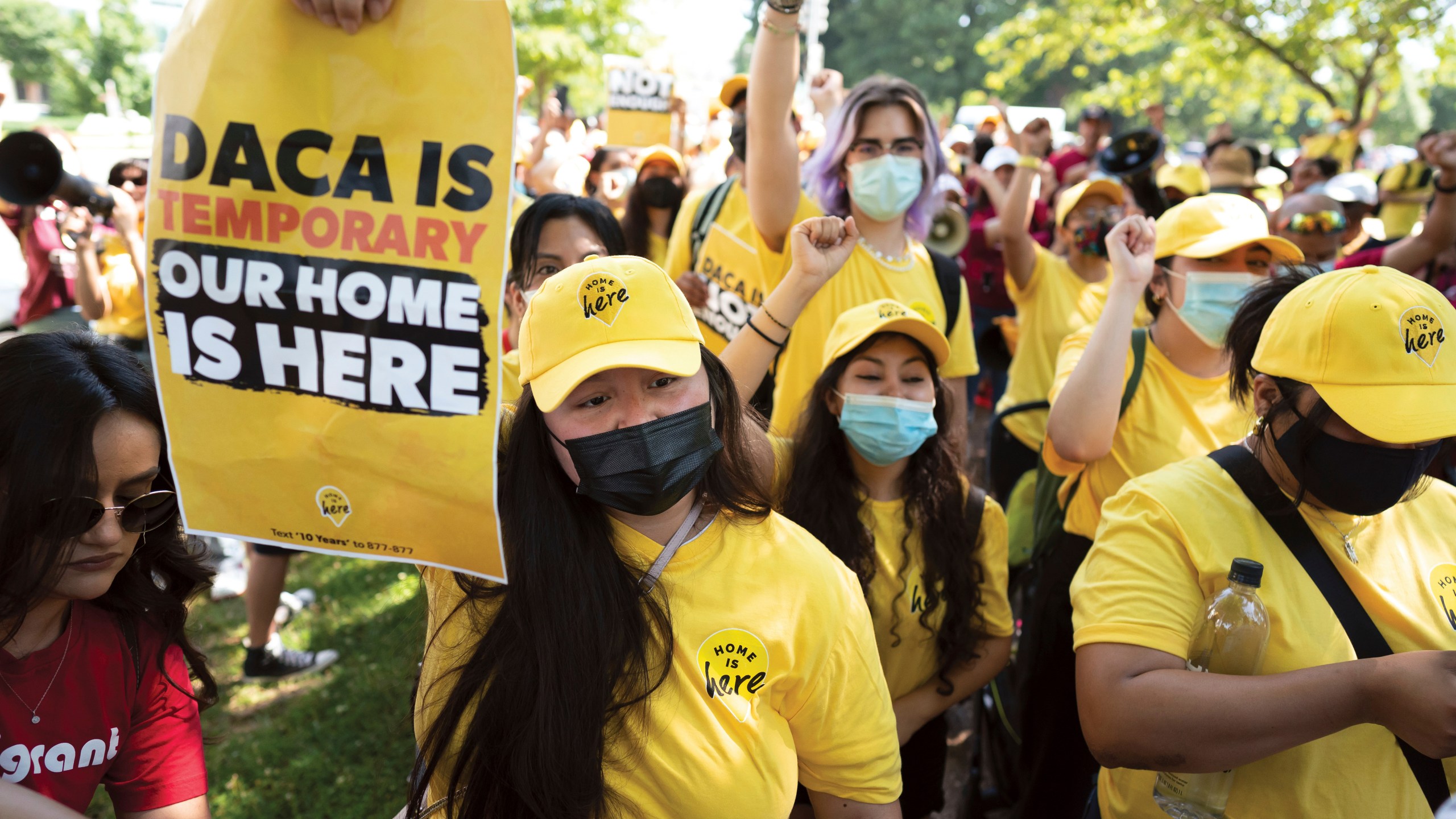 FILE - Susana Lujano, left, a dreamer from Mexico who lives in Houston, joins other activists to rally in support of the Deferred Action for Childhood Arrivals program, also known as DACA, at the U.S. Capitol in Washington on June 15, 2022. (AP Photo/J. Scott Applewhite, File)