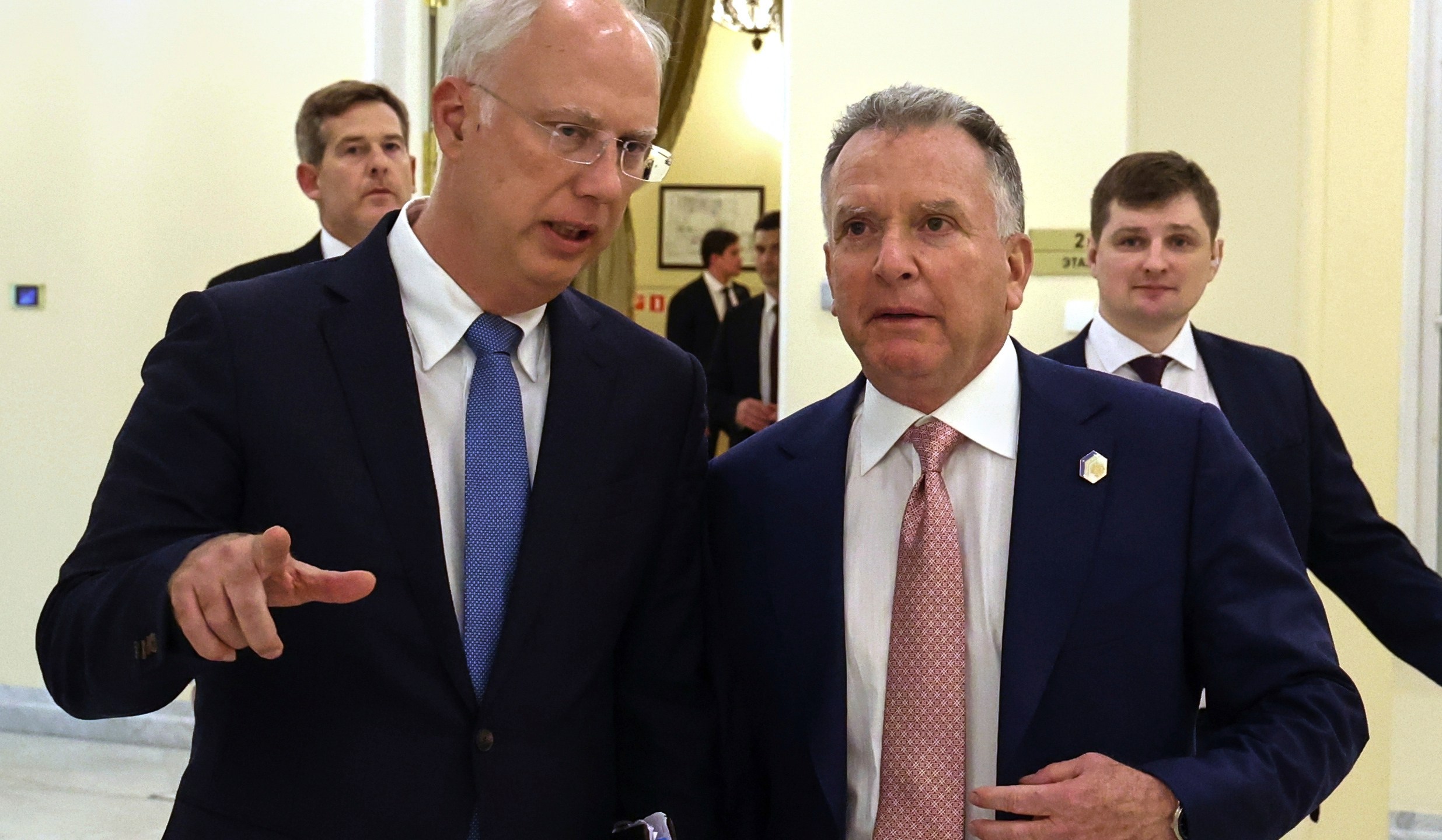 FILE - Russian President Vladimir Putin's envoy Kirill Dmitriev, left, and U.S. President Donald Trump's special envoy Steve Witkoff attend talks in St. Petersburg, Russia, on April 11, 2025. (Vyacheslav Prokofyev, Sputnik, Kremlin Pool Photo via AP, File)
