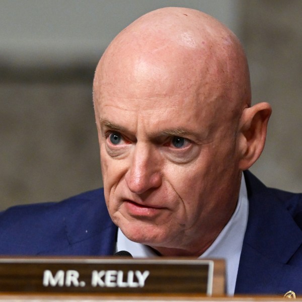 FILE - Sen. Mark Kelly, D-Ariz., speaks during a Senate Intelligence Committee hearing, at the Capitol in Washington, Jan. 15, 2025. (AP Photo/John McDonnell, File)
