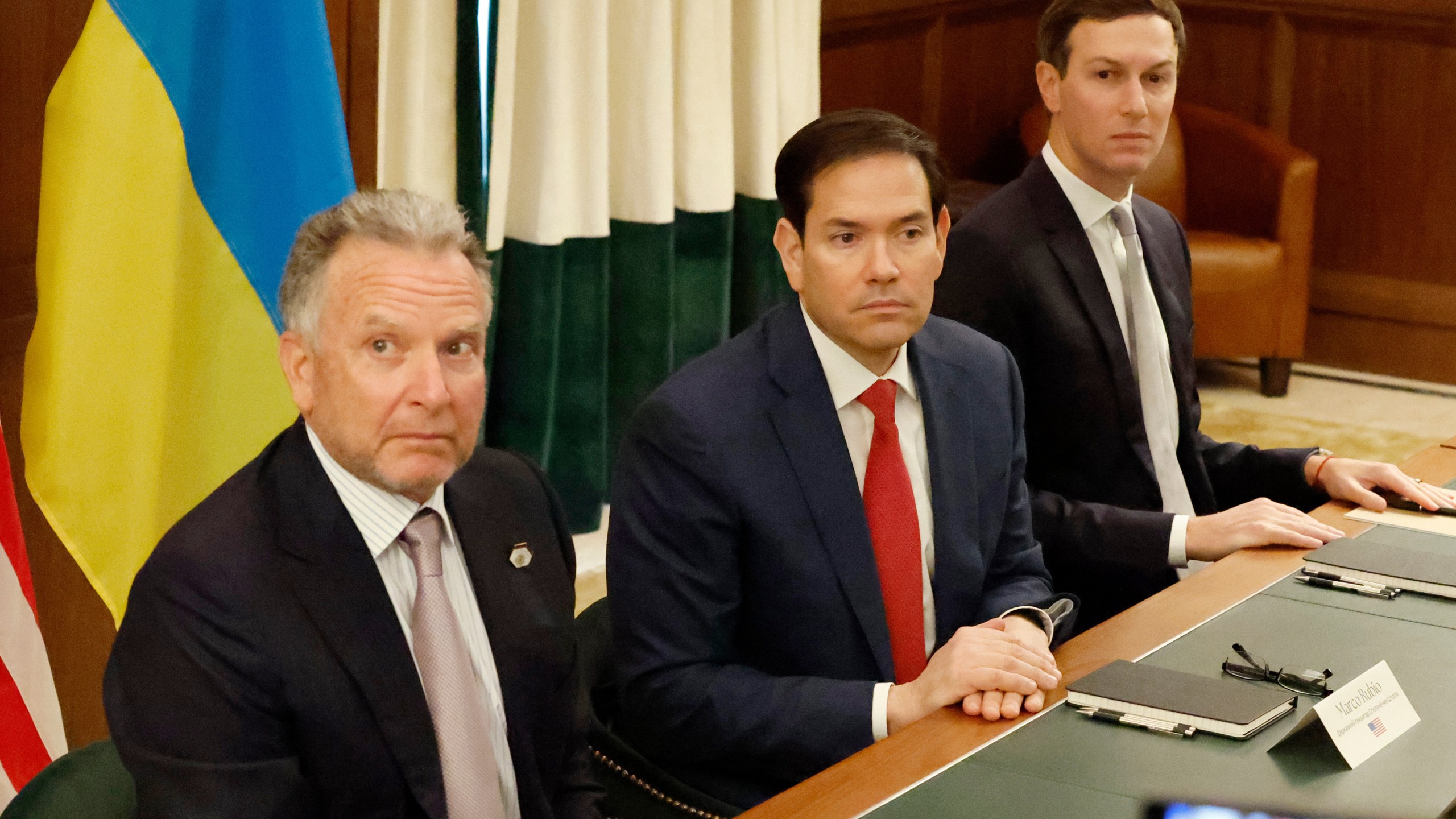 Special Envoy Steve Witkoff, left, Secretary of State Marco Rubio, center, and Jared Kushner attend a meeting with Ukrainian officials Sunday, Nov. 30, 2025, in Hallandale Beach, Fla. (AP Photo/Terry Renna)