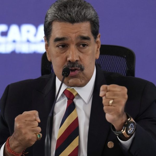 President Nicolas Maduro gives a press conference in Caracas, Venezuela, Monday, Sept. 1, 2025.
