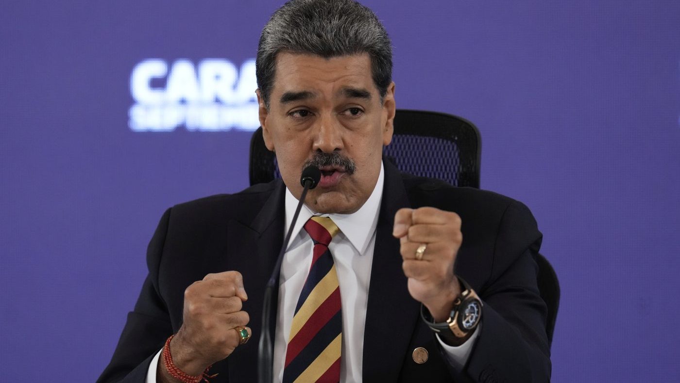 President Nicolas Maduro gives a press conference in Caracas, Venezuela, Monday, Sept. 1, 2025.