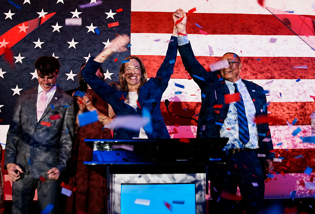 Mikie Sherrill celebrates with lieutenant gubernatorial candidate Dale Caldwell