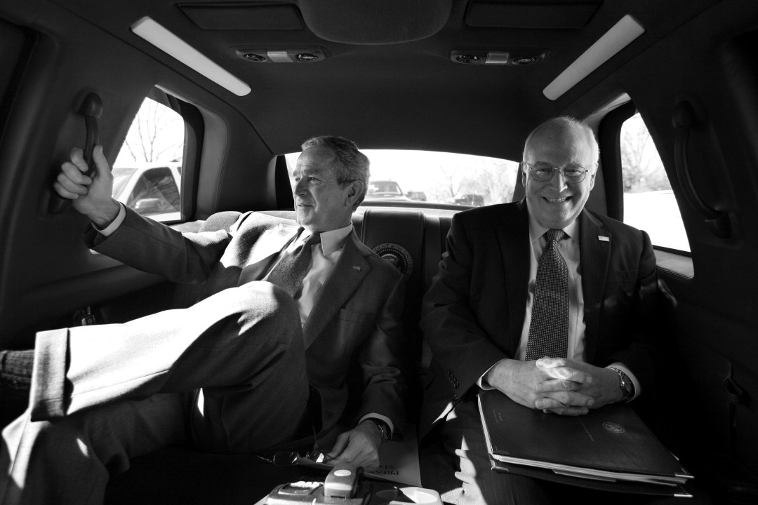 Vice President Cheney and President George W Bush in the back of a limousine