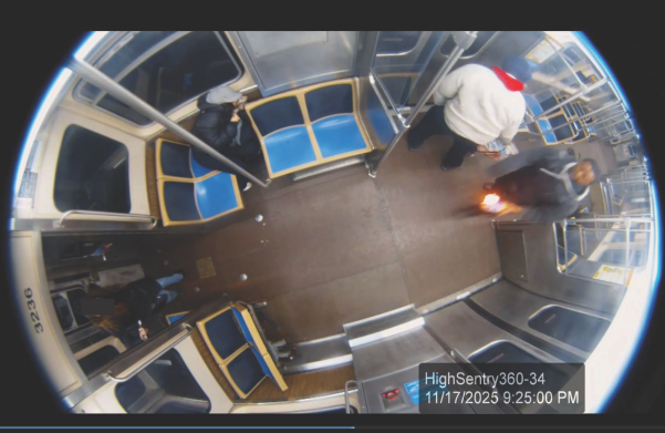 aerial security footage of people on a CTA train