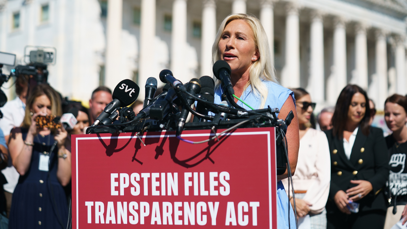Rep. Marjorie Taylor Greene (R-Ga.), who is pushing for more transparency from the Trump administration about the late, disgraced financier Jeffrey Epstein, speaks to reporters alongside some of the convicted sex offender’s accusers on Sept. 3, 2025.