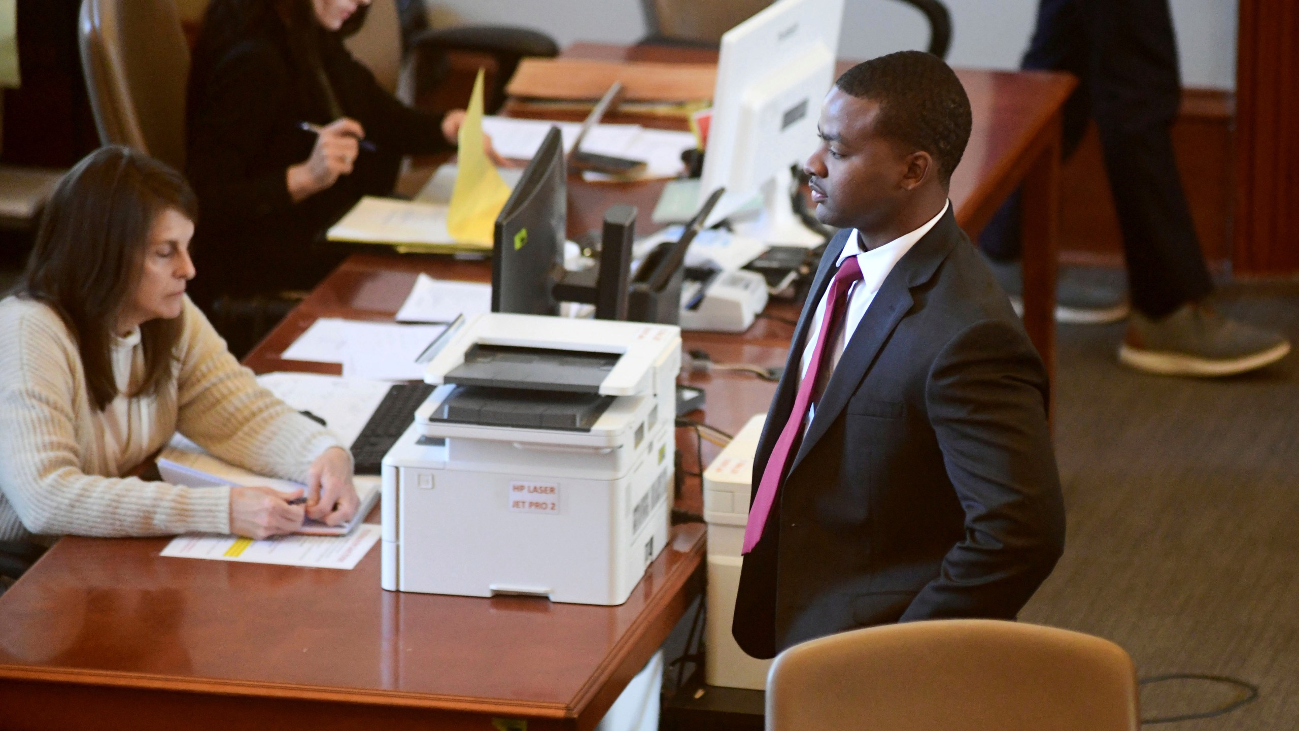 FILE - Sheldon Timothy Herrington Jr., who is on trial on a capital murder charge in the 2022 death of University of Mississippi student Jimmie "Jay" Lee, looks out into the courtroom during the lunch break, in Oxford, Miss., on Dec. 3, 2024. (Bruce Newman/The Northeast Mississippi Daily Journal via AP, Pool, File)