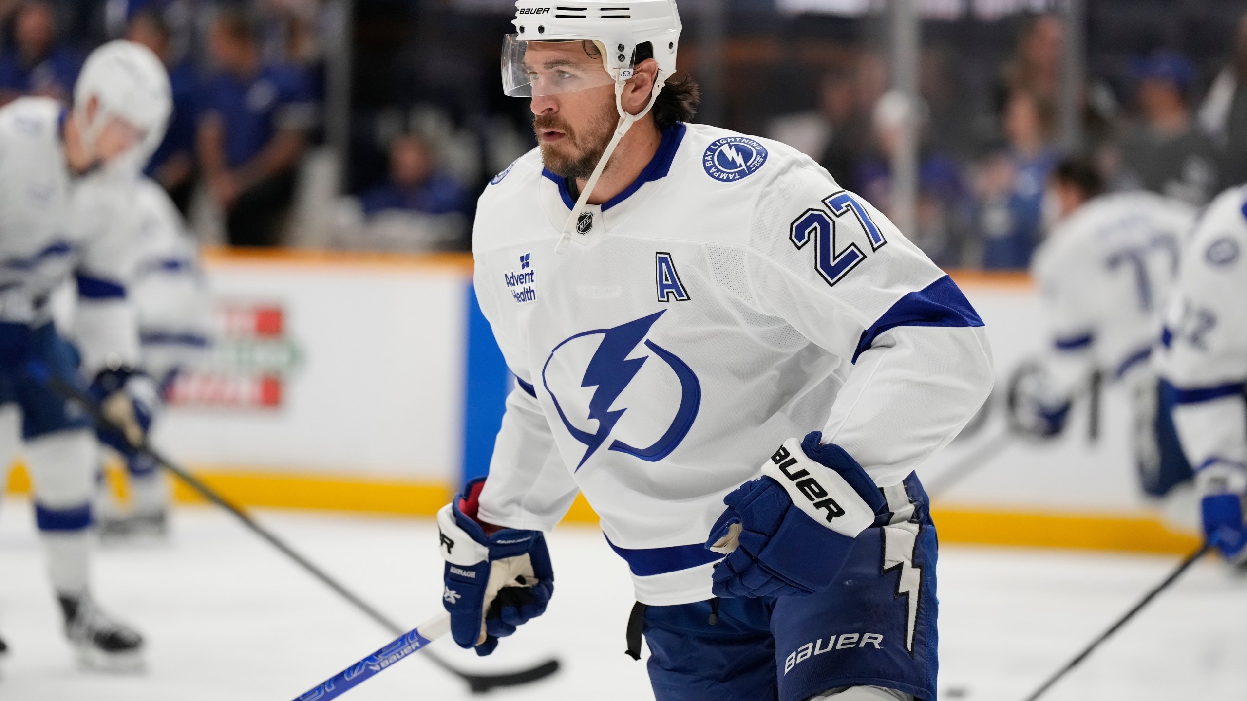 FILE - Tampa Bay Lightning defenseman Ryan McDonagh (27) before an NHL hockey game Tuesday, Oct. 28, 2025, in Nashville, Tenn. (AP Photo/George Walker IV, File)