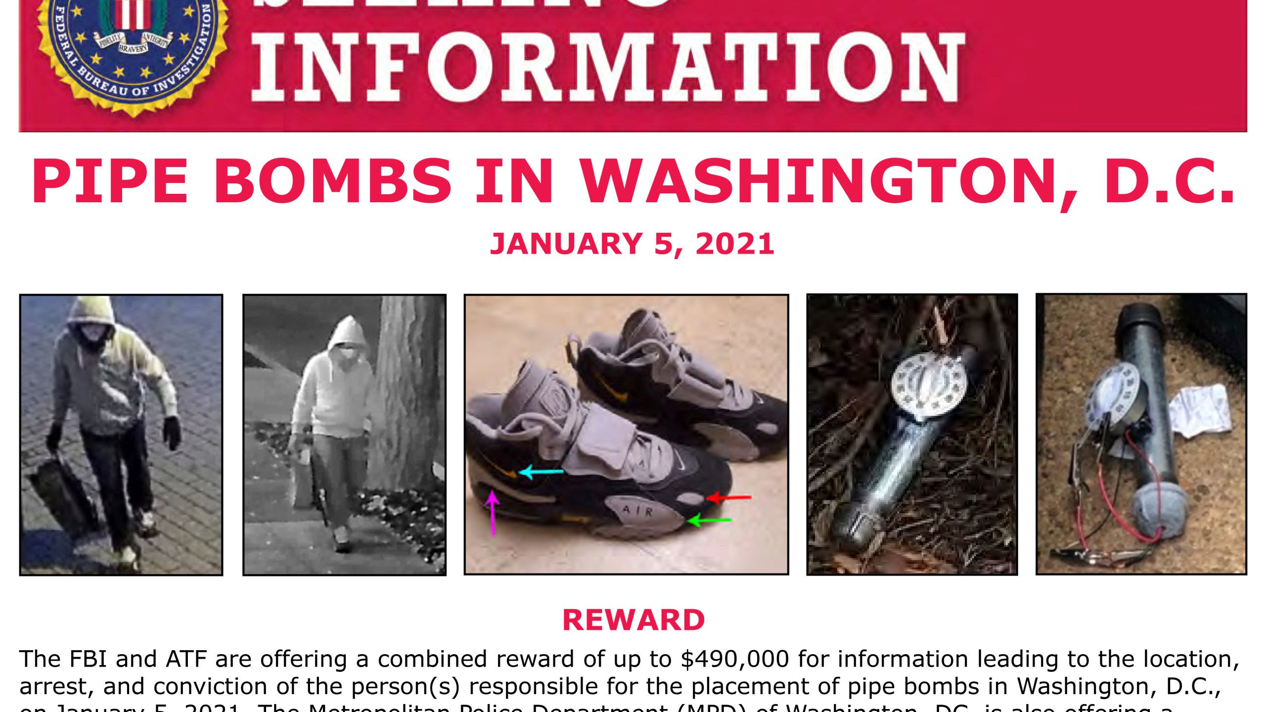 FILE - This image shows part of a "Seeking Information" notice released by the Federal Bureau of Investigation regarding pipe bombs planted outside offices of the Democratic and Republican national committees in Washington on Jan. 5, 2021, on the eve of the attack on the Capitol. (FBI via AP, File)