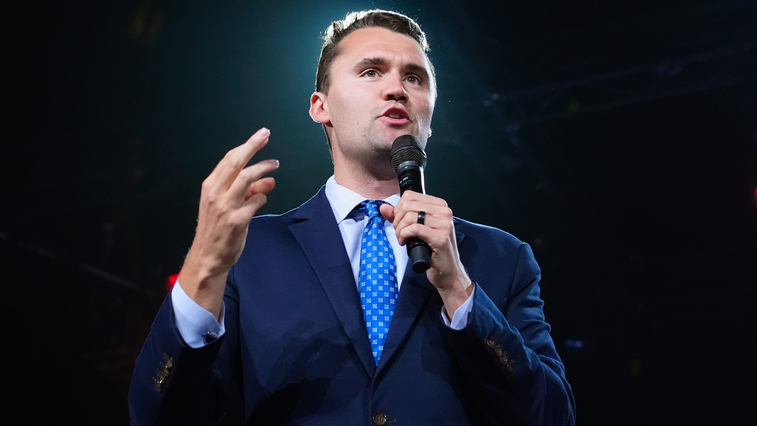 FILE - Turning Point USA Founder Charlie Kirk speaks at a Turning Point event prior to Republican vice presidential nominee Sen. JD Vance, R-Ohio, speaking, Sept. 4, 2024, in Mesa, Ariz. (AP Photo/Ross D. Franklin, File)